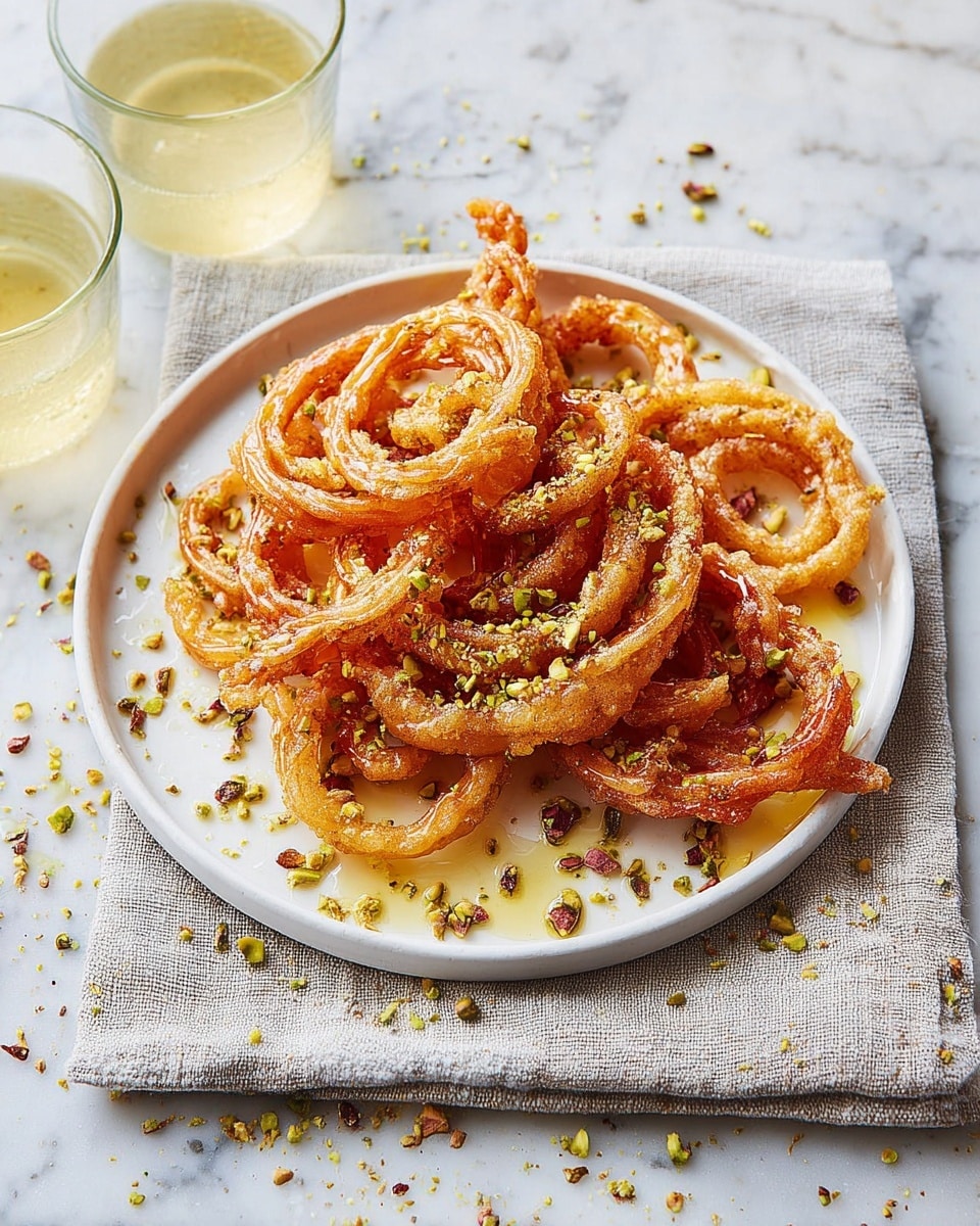 The dish shows thin, twisted, deep-fried orange-brown spirals with a crispy texture placed loosely on a white ceramic plate. They are drizzled with golden yellow syrup pooling around and under the spirals. Crushed light green and brown nuts scattered on top add a crunchy detail. The plate rests on a folded pale beige cloth over a white marbled textured surface. Two clear glasses with light yellow liquid sit in the top left corner. photo taken with an iphone --ar 4:5 --v 7
