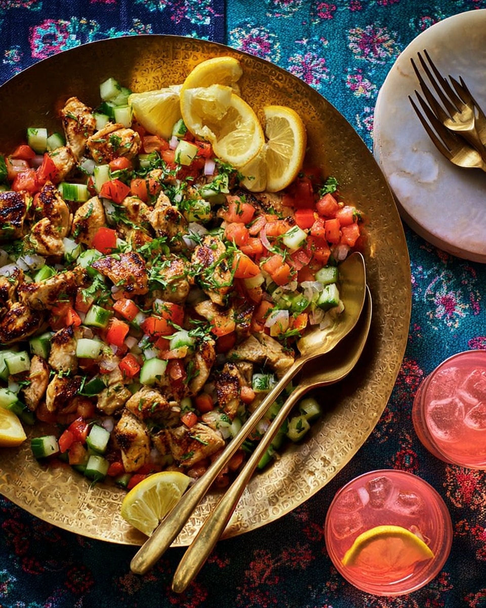 The image shows a large round brass plate filled with a colorful dish. The base layer consists of grilled chicken pieces with a golden-brown crust, scattered throughout the plate. On top, there are small cubes of fresh red tomatoes and green cucumbers, along with chopped green onions and parsley spread evenly. Four lemon wedges with bright yellow color sit around the plate's edge for garnish. Two brass serving spoons rest on the plate's left side, partially submerged in the food. The plate is placed on a white marbled surface covered partially by a blue cloth with a floral pattern. Two glasses filled with a pink fizzy drink are positioned at the top right corner. Next to the plate, a brass lid and two forks lie on the white marbled surface. photo taken with an iphone --ar 4:5 --v 7