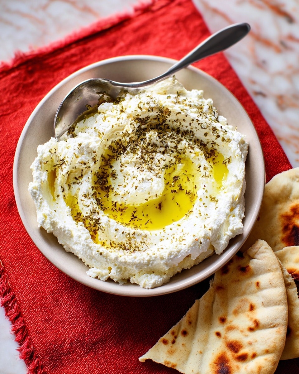 The image shows a white bowl filled with a creamy white ricotta cheese spread, textured with soft peaks and swirls. The cheese is topped with a layer of golden olive oil spread unevenly, adding a shiny, smooth contrast. There are small greenish-brown herb sprinkles scattered on top, adding texture and color. A silver spoon rests inside the bowl, slightly pressed into the cheese. On the side, there are folded pieces of flatbread with light brown toasted spots, placed on a red cloth napkin. The whole scene is set on a white marbled surface. photo taken with an iphone --ar 4:5 --v 7