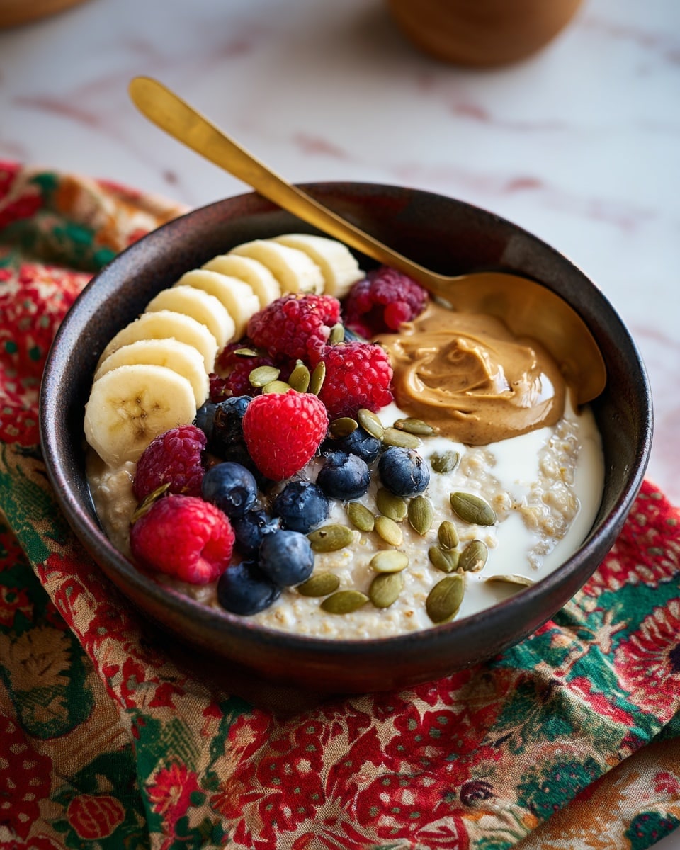 A dark bowl filled with creamy light beige oatmeal as the base layer is topped with a dollop of white yogurt slightly off-center. On top of the yogurt is a smooth brown swirl of peanut butter, surrounded by scattered green pumpkin seeds and a few sunflower seeds. Fresh fruit pieces are placed on and around the yogurt—a cluster of deep blue blueberries, bright red raspberries, and curved pale yellow banana slices fanned on one side. A spoon rests inside the bowl on the right side, casting a soft shadow. The bowl sits on a colorful patterned cloth with reds, greens, and yellows, all on a white marbled surface. photo taken with an iphone --ar 4:5 --v 7