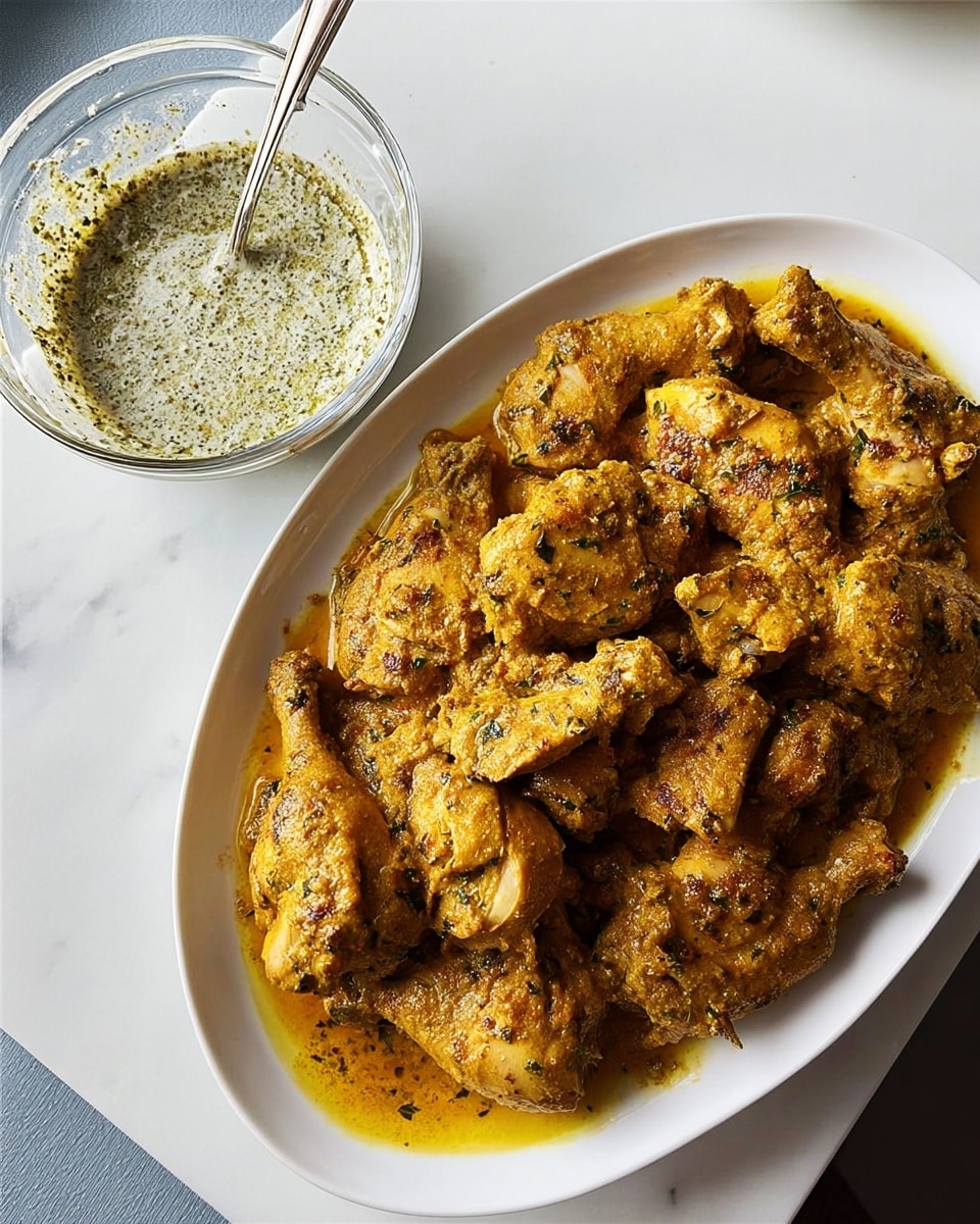 A large white oval plate holds many pieces of cooked chicken covered in a thick, orange-brown sauce with specks of herbs, showing a rough, slightly chunky texture. The chicken pieces vary in size and shape, some with a smooth surface, others with more uneven marinade coating. Next to the plate, there is a clear glass bowl filled with a creamy greenish-white sauce that looks smooth and slightly frothy, with some green herbs mixed in. A silver spoon rests inside the bowl, all set on a white marbled surface. Photo taken with an iphone --ar 4:5 --v 7