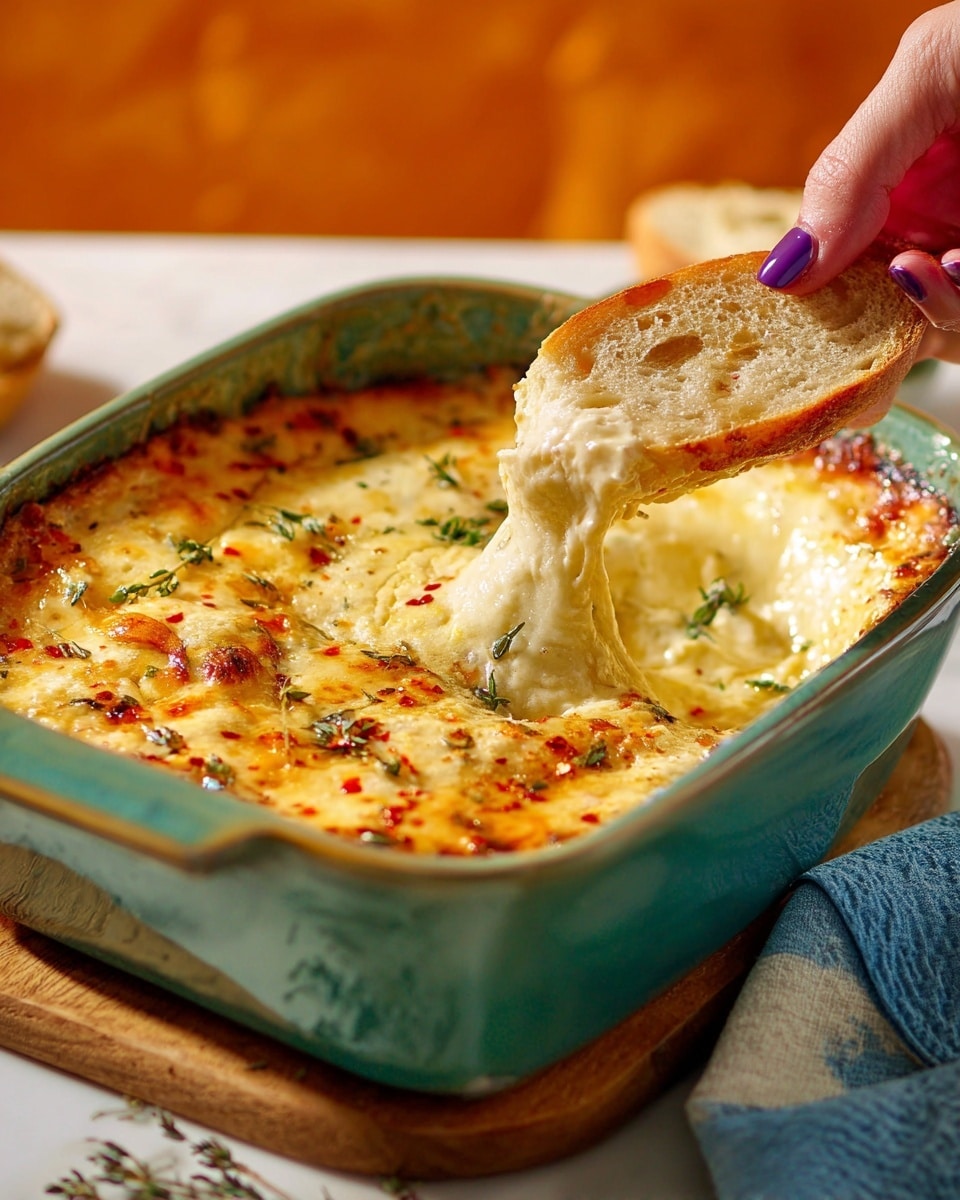 A green baking dish holds a golden-brown baked cheese dip topped with small green herb leaves and red chili flakes, creating a crispy surface with a creamy layer beneath. A woman's hand with dark red nail polish is dipping a piece of crusty bread into the soft, melted cheese, showing the cheese stretching between the bread and the dish. The dish is set on a white marbled surface with a folded teal cloth to the side and a blurred basket of bread in the background. photo taken with an iphone --ar 4:5 --v 7