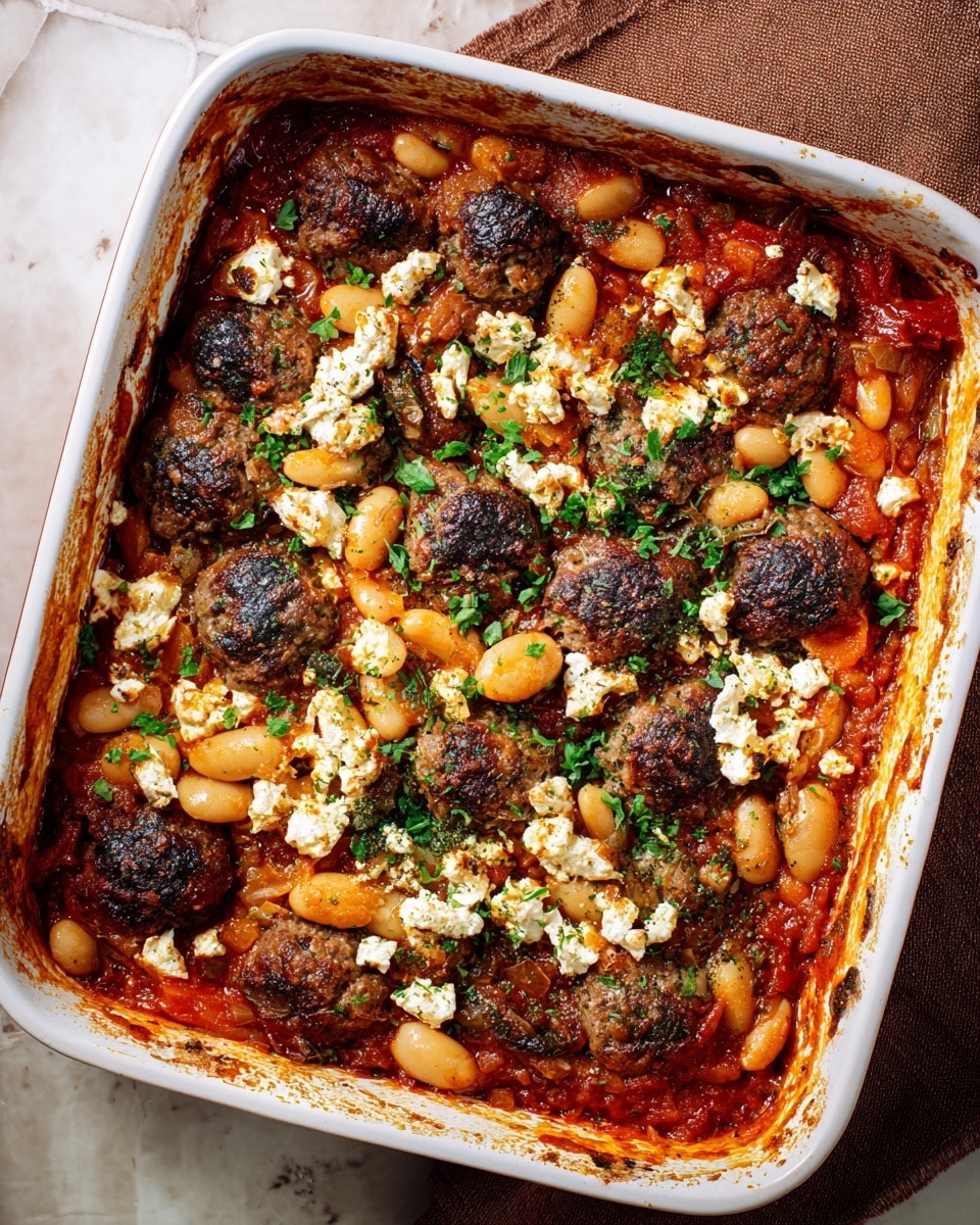 A white rectangular baking dish filled with a one-layer baked dish showing a rich, chunky red tomato sauce base. Scattered on top are several browned meatballs with a crispy outer texture, creamy white cheese crumbles, and large, soft, light brown beans. The dish is sprinkled with finely chopped green herbs, adding fresh color contrast. The edges of the dish show slight sauce caramelization with a glossy shine. The dish sits on a white marbled surface, with a brown cloth napkin nearby. photo taken with an iphone --ar 4:5 --v 7