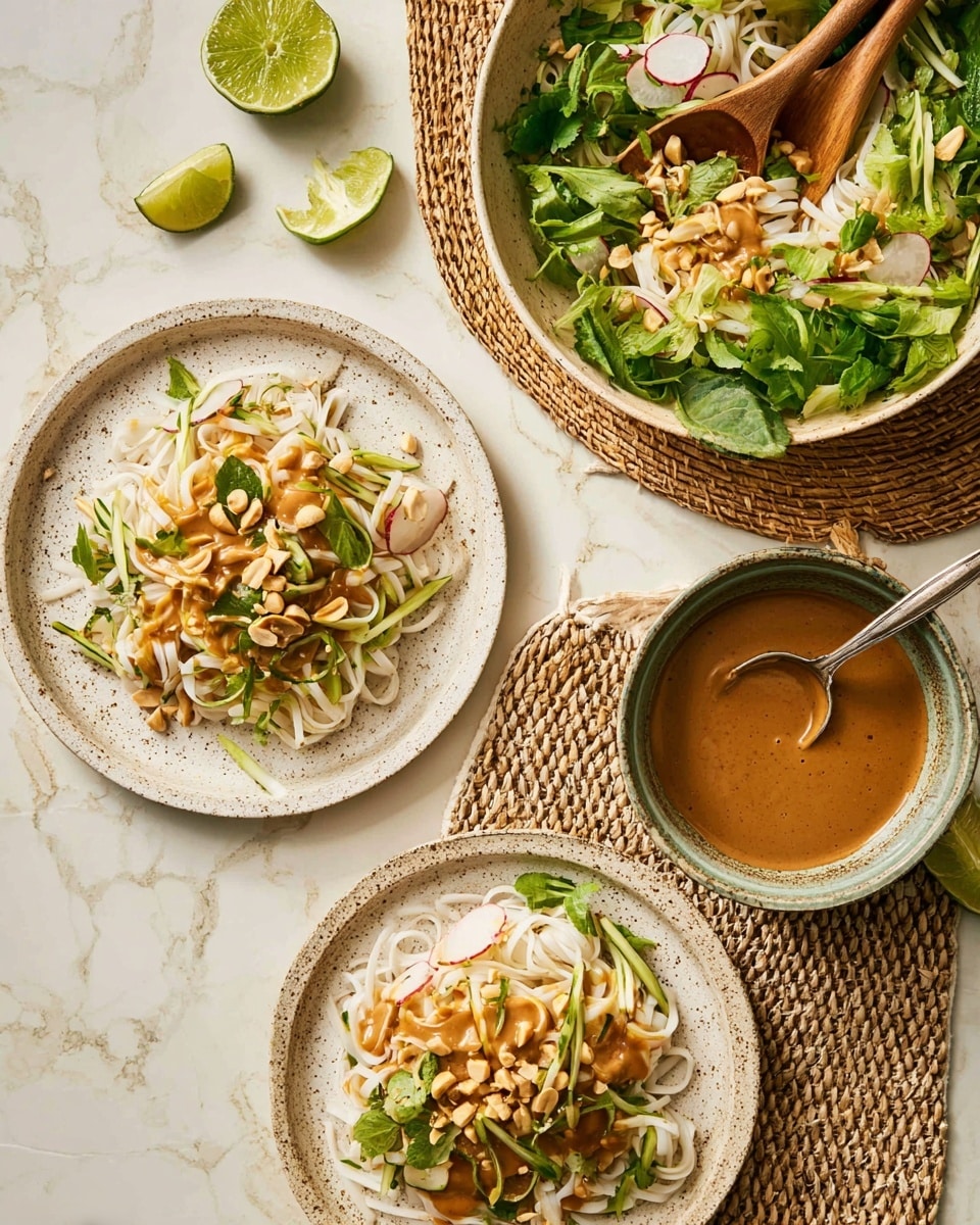 Two white speckled plates each hold a fresh salad with three main layers: the bottom layer of thick white noodles, the middle layer of thin green strips and thin round slices of radish, and the top layer of golden brown dressing drizzled unevenly with green leaves and whole peanuts scattered on top; each plate also has a halved lime on the side. To the upper right is a large bowl filled with the same salad, topped with fresh green leaves and a wooden spoon, and to its lower right is a small bowl of thick brown dressing with a spoon inside. All items are set on a white marbled surface with a woven mat under the plates. photo taken with an iphone --ar 4:5 --v 7