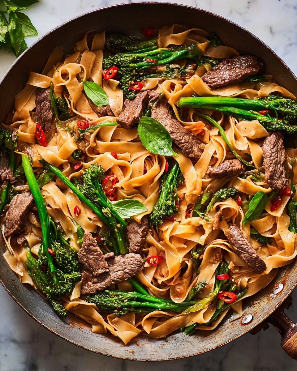 The image shows a round pan filled with wide, flat brown noodles mixed with long, thin strips of cooked beef that have a dark brown color and rough texture. Bright green broccolini pieces with small buds and leafy stalks are scattered throughout. Fresh green basil leaves are placed on top, adding a vivid touch. Small red chili slices and bits of garlic are visible, adding color contrast. The dish appears glossy with a light sauce coating the ingredients, all resting on a white marbled surface. photo taken with an iphone --ar 4:5 --v 7