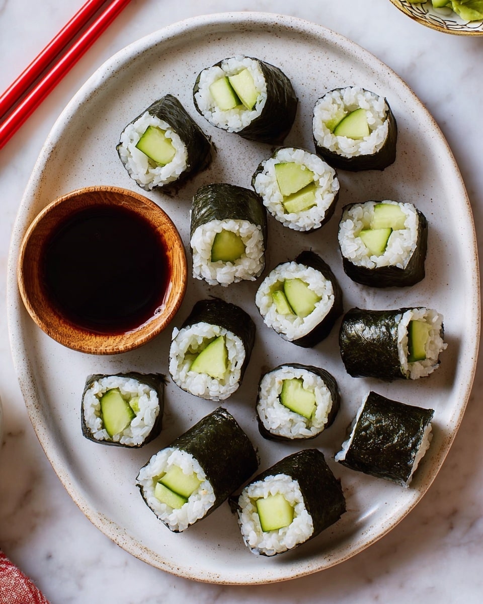 The image shows a white oval plate with fifteen pieces of cucumber sushi rolls arranged loosely around a small wooden bowl filled with dark soy sauce on the left side of the plate. Each sushi roll has a black seaweed outer layer, a thick white rice middle layer, and a bright green cucumber center, cut into even bite-size pieces that show the triangular green cucumber clearly. The plate is set on a white marbled surface, with soft natural light casting gentle shadows. Photo taken with an iphone --ar 4:5 --v 7