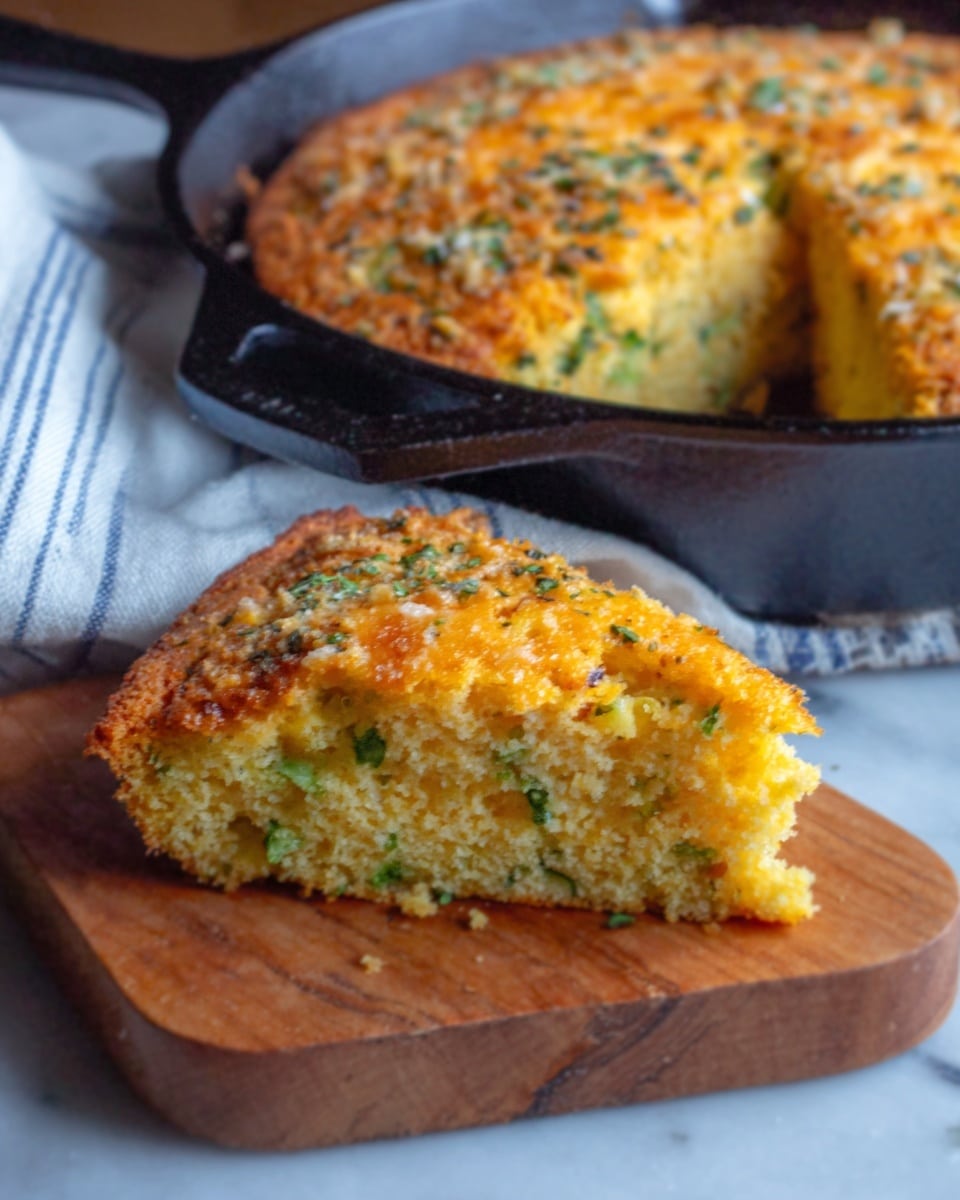 The image shows a thick slice of yellow cornbread with a golden brown crispy top, lifted slightly from a light wooden board by a woman's hand holding it from the side. The top layer has small melted cheese bits and green herb pieces spread unevenly across it. In the background, the rest of the round cornbread with a similar golden crust and herbs is still in a black cast iron pan, placed on a white marbled surface with a folded white and gray striped cloth under part of the pan. The light highlights the texture of the crumbly cornbread and melted cheese. photo taken with an iphone --ar 4:5 --v 7