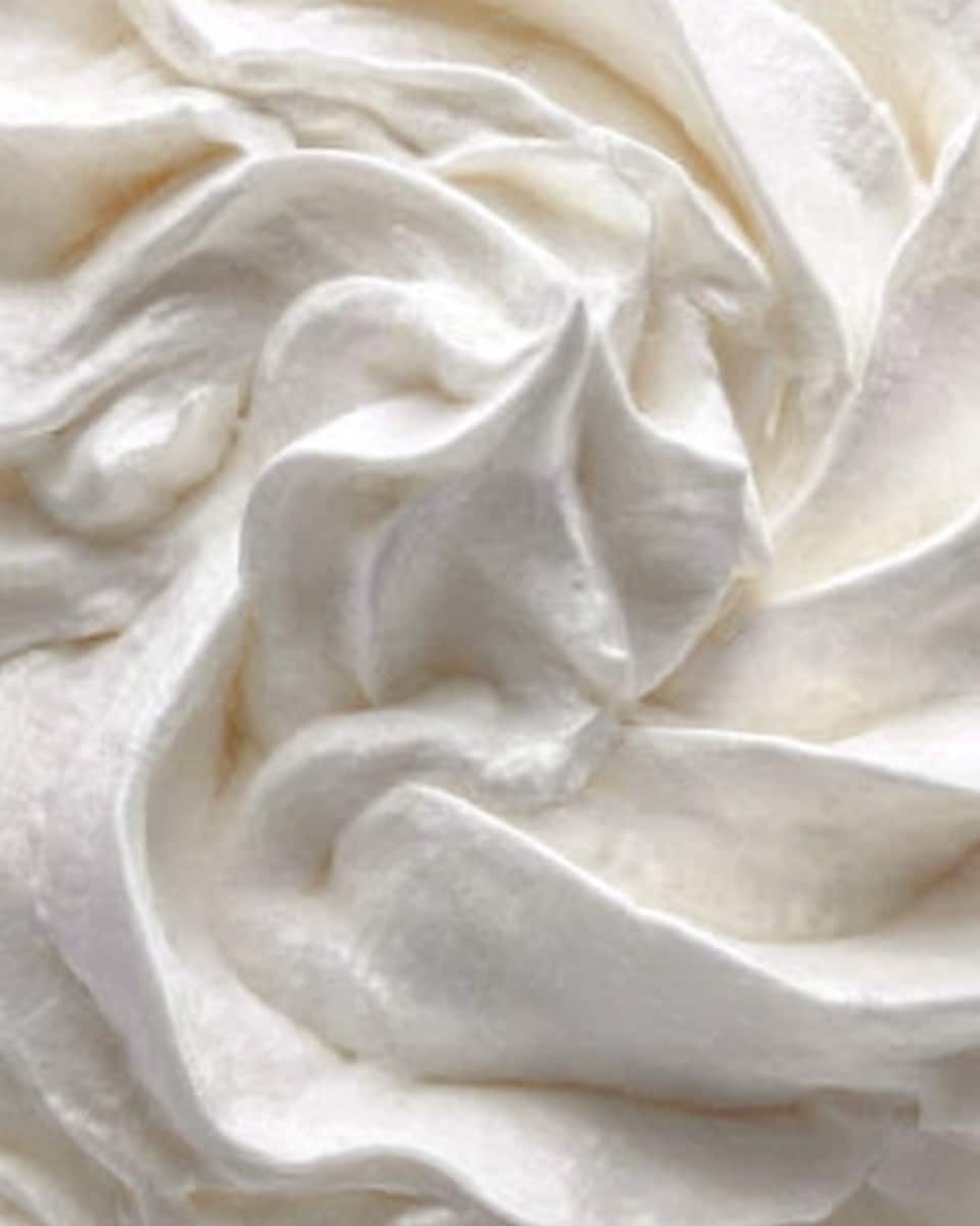 The image shows a close-up of creamy white whipped cream with smooth, soft swirls and peaks, creating a light and fluffy texture. The whipped cream fills the whole frame, emphasizing its silky and airy appearance with gentle curves and folds that catch the light subtly. Photo taken with an iphone --ar 4:5 --v 7