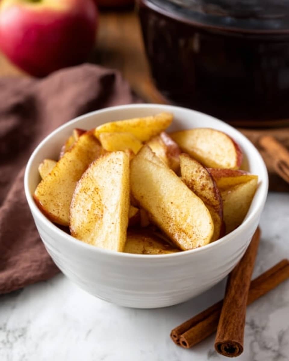 A white bowl filled with thinly sliced apple chips that are golden-brown and slightly curled at the edges. The apple chips have a crispy texture with a mix of red skin and light yellow inside visible on each slice. Two cinnamon sticks are placed casually beside the bowl on a wooden surface. The background shows an orange cloth and a black container with a white marbled texture underneath. photo taken with an iphone --ar 4:5 --v 7