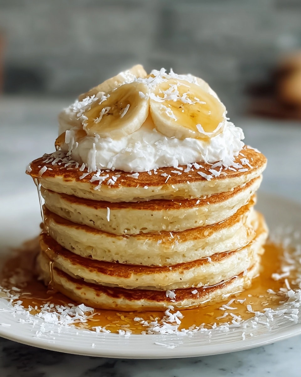 A stack of five thick, golden-brown pancakes sits in the center of a white plate with syrup pooling around the base, dripping slightly down the sides. On top of the pancakes is a layer of white whipped cream, sprinkled lightly with white powdered sugar and coconut flakes. Three round slices of banana rest on the whipped cream, with syrup visibly glistening on the banana slices and flowing down the pancakes. The background shows a blurred white marbled texture surface. photo taken with an iphone --ar 4:5 --v 7