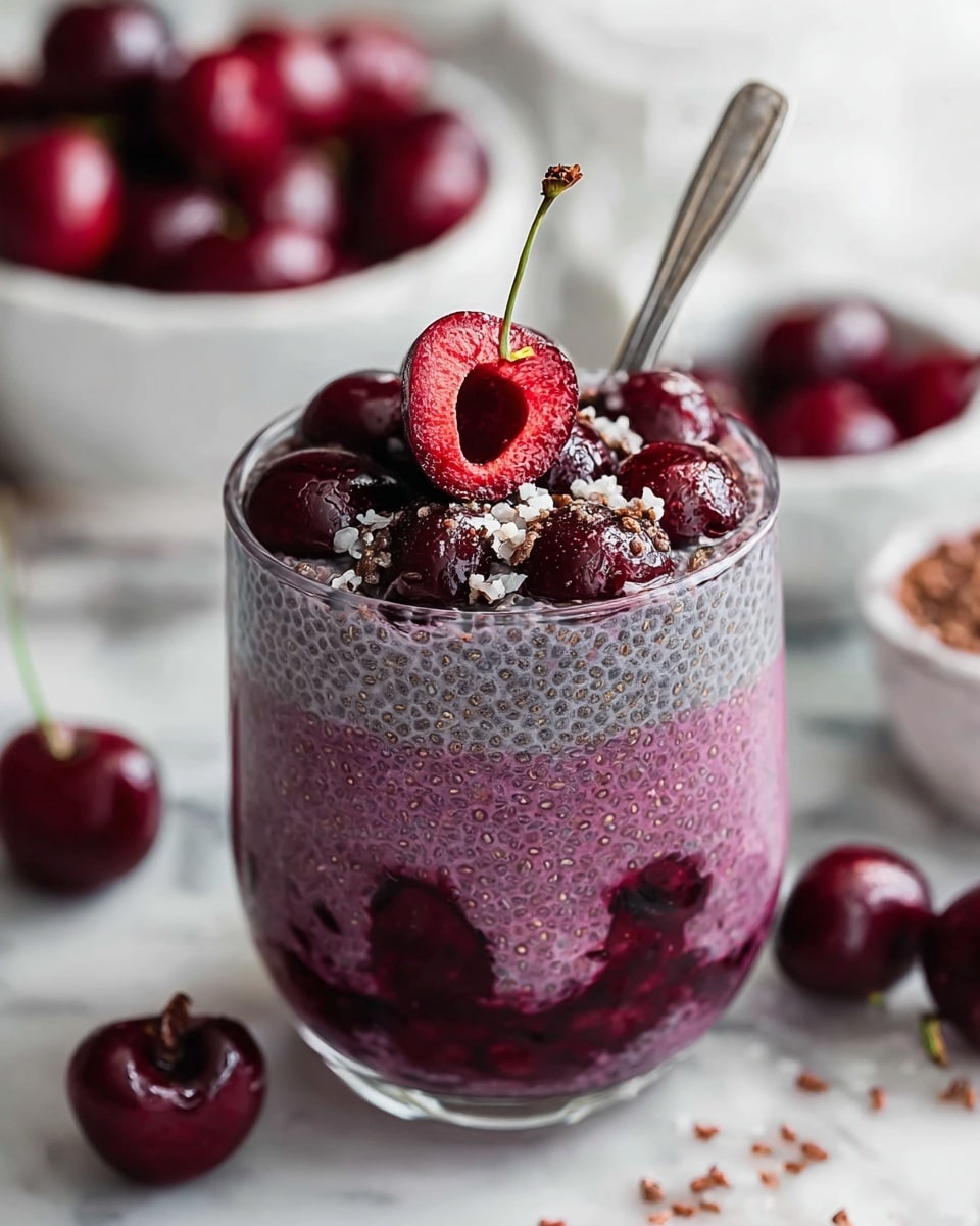 A clear glass filled with three layers of cherry chia pudding sits on a white marbled surface. The bottom layer is dark red with visible cherry pieces, the middle layer is a lighter pink with soaked chia seeds creating a textured look, and the top layer is a mix of smooth pudding and chia seeds. It is topped with whole dark red cherries, a halved cherry showing its bright red inside, and scattered chia seeds. A silver spoon is inserted into the glass, angled outward. In the blurred background, white bowls hold more cherries, and loose cherries and seeds are scattered around the glass. Photo taken with an iphone --ar 4:5 --v 7