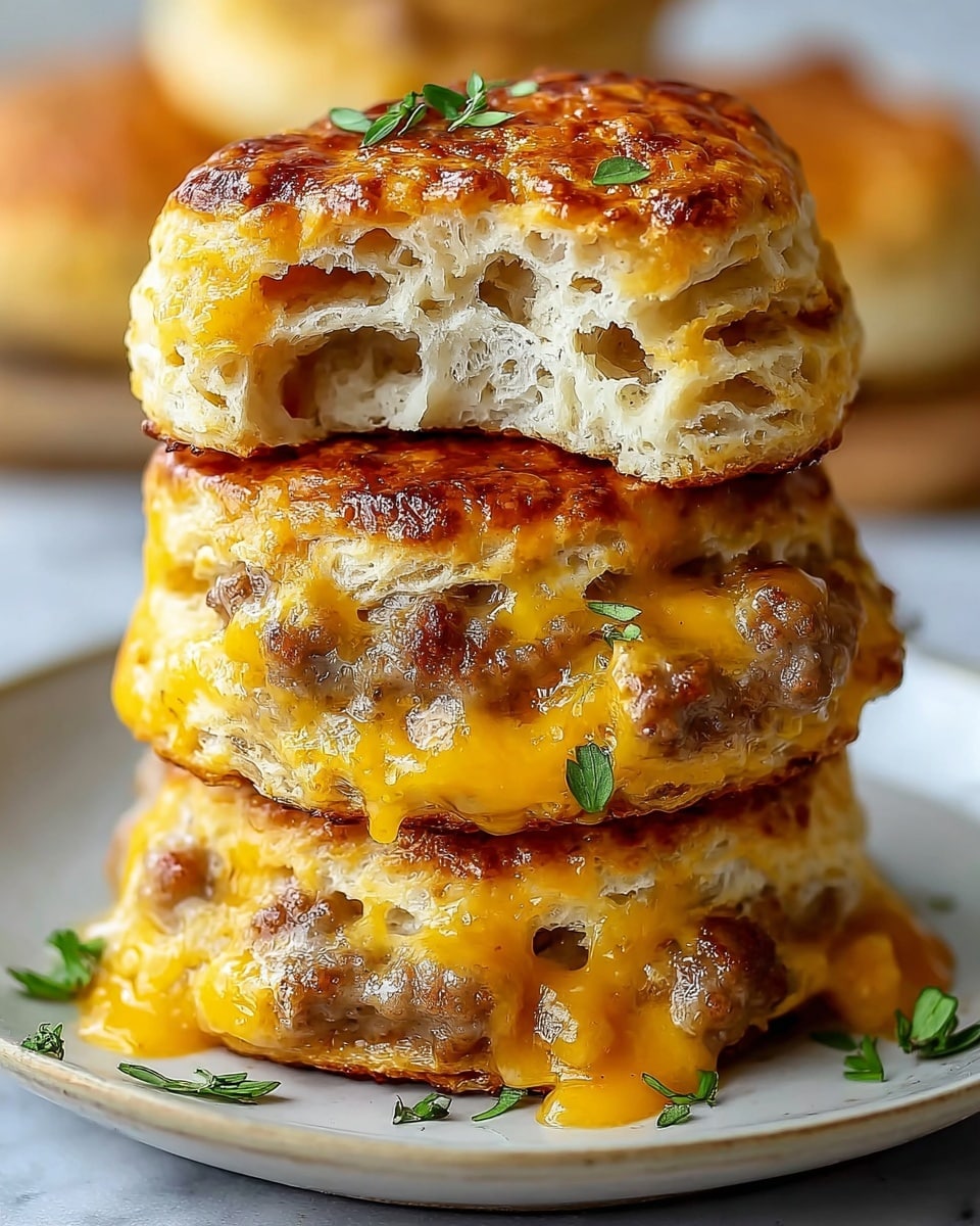The image shows a close-up of a stack of three sausage and cheese biscuits on a white plate with a brown rim. The bottom two biscuits have a golden-brown, crispy crust with a fluffy, airy interior dotted with small bits of sausage. The top biscuit is broken open, revealing juicy, browned sausage pieces and bright orange melted cheese oozing out, topped with small green herb leaves. The background features a blurred white marbled texture surface. Photo taken with an iphone --ar 4:5 --v 7
