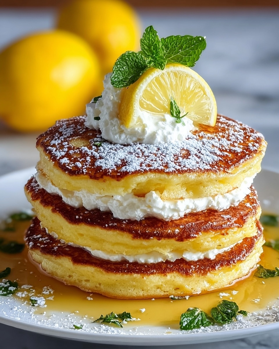 A stack of three thick golden brown pancakes is on a white plate. Between each pancake, there is a smooth white creamy layer, and on top, a dollop of white cream with a lemon wedge and green mint leaves. The pancakes look fluffy with a slightly crispy edge, sprinkled with powdered sugar and small bits of mint. Around the base of the stack, syrup pools lightly on the white marbled surface beneath the plate. A lemon wedge sits at the plate’s edge, while two whole lemons are blurred in the background. photo taken with an iphone --ar 4:5 --v 7