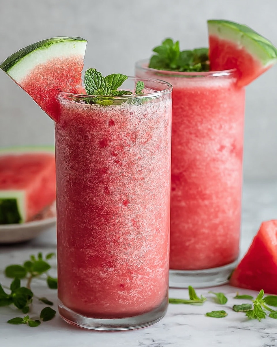Two tall clear glasses filled with a thick, pink watermelon smoothie that has a smooth, frothy texture with tiny bubbles all over. Each glass is topped with a bright red and green watermelon slice placed at the rim, and fresh green mint leaves sit beside the watermelon on top. The glasses sit on a white marbled surface with more watermelon slices and a strawberry around them, adding extra color and freshness to the scene. Photo taken with an iphone --ar 4:5 --v 7