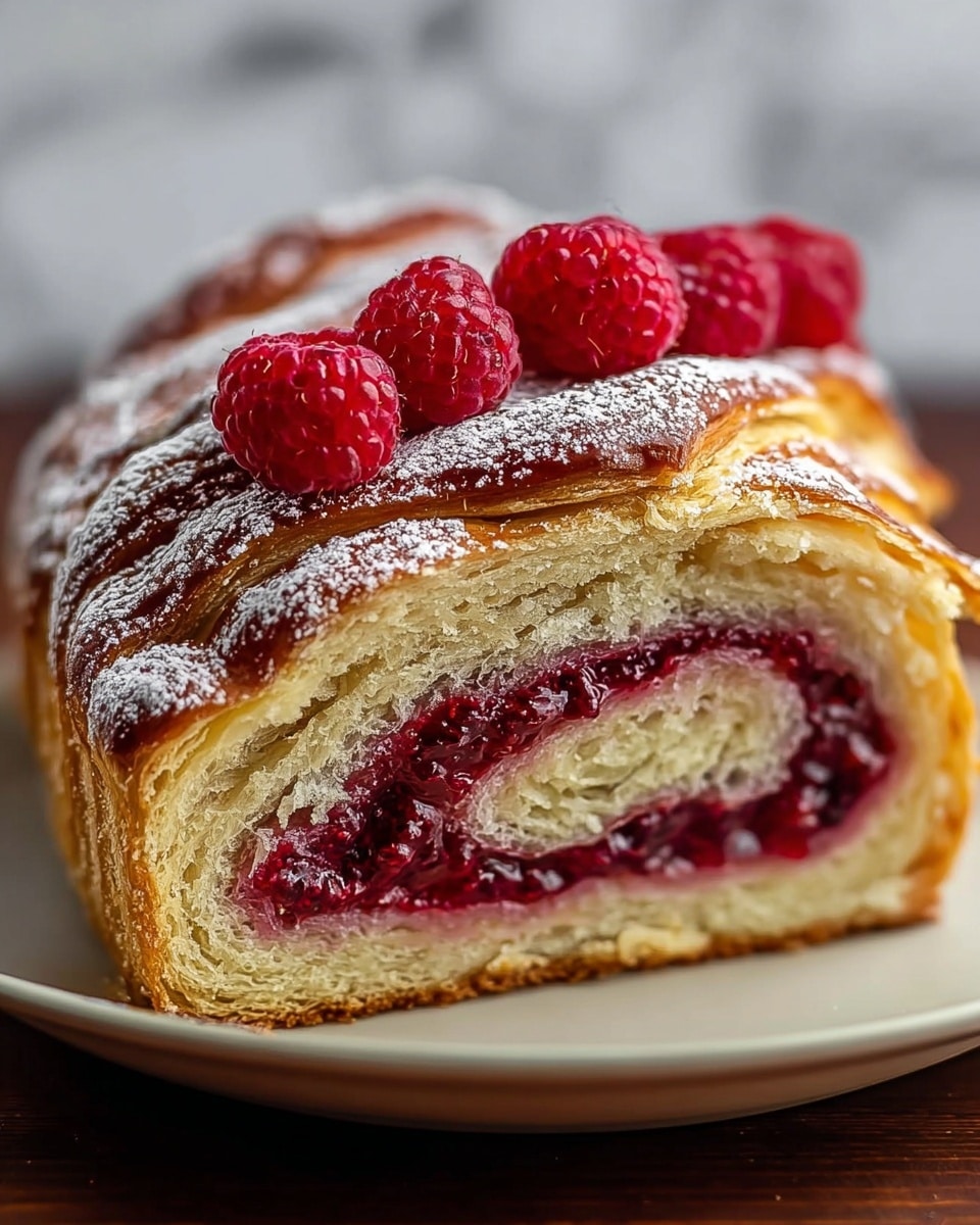 A sliced loaf with three main layers is shown: the outer layer is golden brown bread with a soft, fluffy texture; the middle layer is a thick, deep red raspberry jam filling with visible seeds and a glossy finish; the top of the loaf is dusted with powdered sugar and decorated with whole raspberries placed evenly along the ridge. The loaf rests on a white plate on a white marbled surface. Photo taken with an iphone --ar 4:5 --v 7