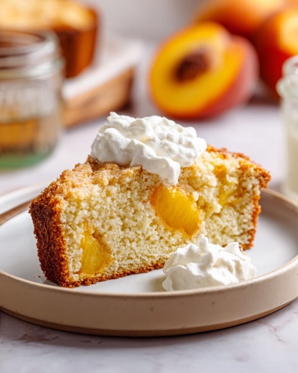A slice of golden brown peach cake with a slightly crisp crust sits on a white plate, showing a moist, crumbly texture inside. The cake has small pieces of bright yellow peach embedded within, adding color and juiciness. Next to the cake slice, there is a dollop of white whipped cream with a smooth, fluffy texture, and a small peach piece resting on top. The scene is set on a white marbled surface, creating a clean and bright background. Photo taken with an iphone --ar 4:5 --v 7