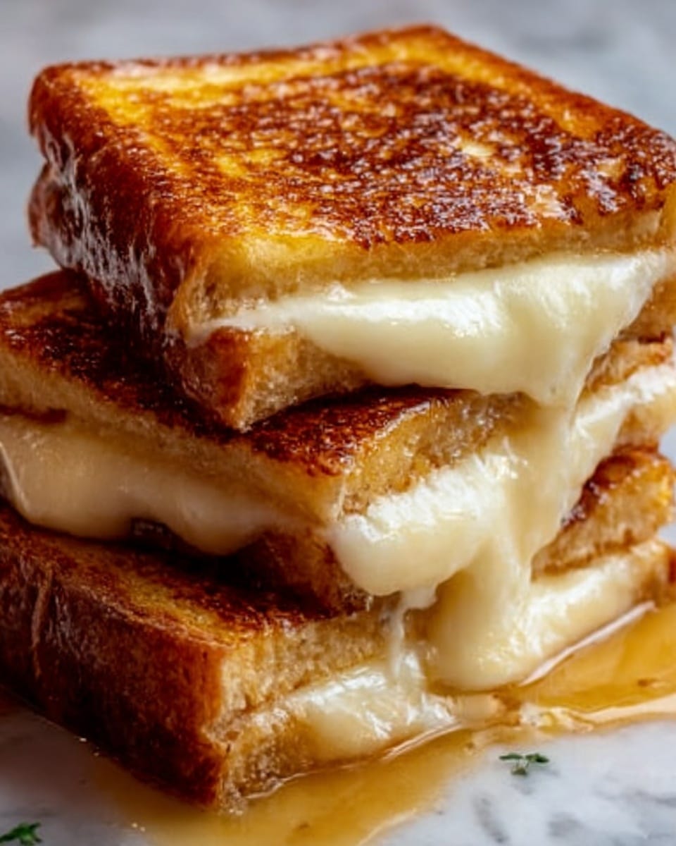 The image shows three stacked pieces of grilled cheese sandwich with golden brown crispy crust on the outside and melted cheese oozing out between the layers. The top sandwich has a shiny, slightly oily surface, and the cheese inside is gooey and creamy, stretching slightly at the edges. The sandwiches sit on a white marbled surface with a few small green leaves blurred in the background. photo taken with an iphone --ar 4:5 --v 7