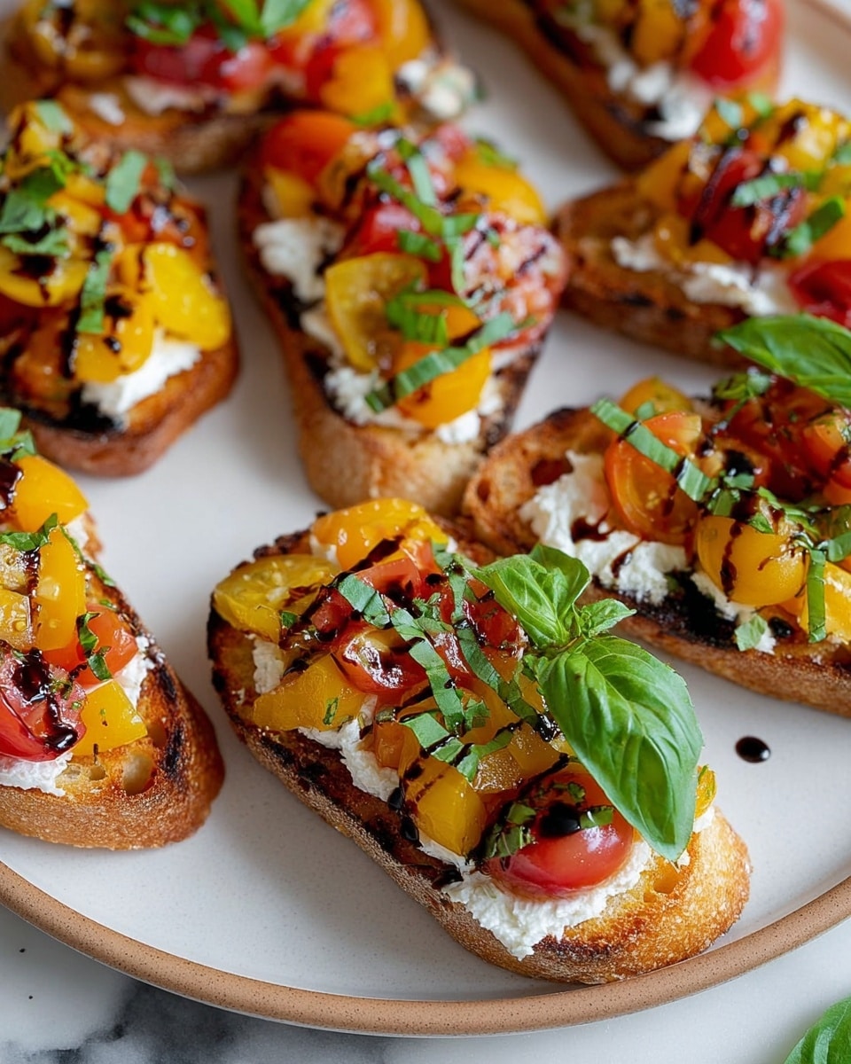 The image shows several pieces of toasted bread as the base layer, with a golden-brown color and crispy texture. On top of each slice, there is a layer of white, creamy cheese spread evenly. The next layer consists of chopped yellow and red tomatoes that look fresh and juicy, mixed with small green basil strips scattered on top. The dish is finished with a drizzle of dark balsamic glaze over the entire stack, and a large green basil leaf placed in the center of each piece for decoration. All the toasts are arranged neatly on a white tray with a beige rim, set on a white marbled surface. photo taken with an iphone --ar 4:5 --v 7