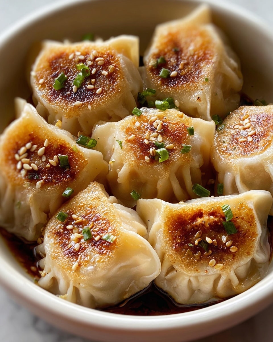 A white round bowl filled with six pan-fried dumplings arranged closely together. Each dumpling has two layers: the bottom layer is golden brown and crispy, with a slightly bubbly texture, and the upper layer is a soft, translucent off-white dough, gently folded around the filling. The crispy side is sprinkled with white sesame seeds and small pieces of green chives scattered on top. The dumplings sit on a bed of dark green leaves inside the bowl. The background shows a white marbled texture surface. photo taken with an iphone --ar 4:5 --v 7