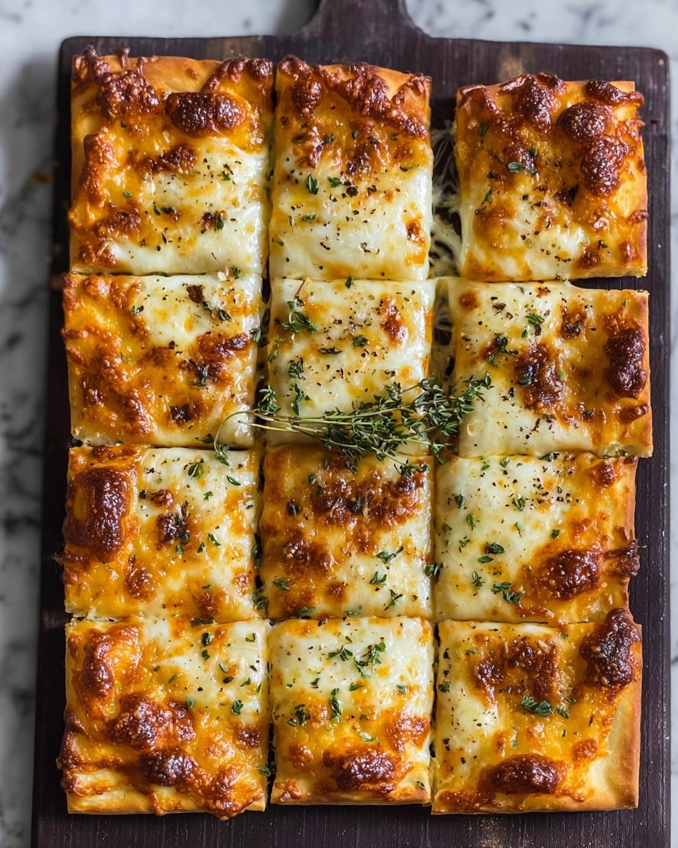 A square pizza is cut into 12 pieces, showing a golden-brown thin crust as the bottom layer. The middle layer is a melted cheese mix with colors ranging from pale yellow to deep orange, with some spots showing toasted brown where the cheese bubbled. The top is sprinkled with small black pepper pieces and fresh green thyme sprigs, adding dots of contrast. The pizza sits on a baking tray placed on a white marbled surface. photo taken with an iphone --ar 4:5 --v 7
