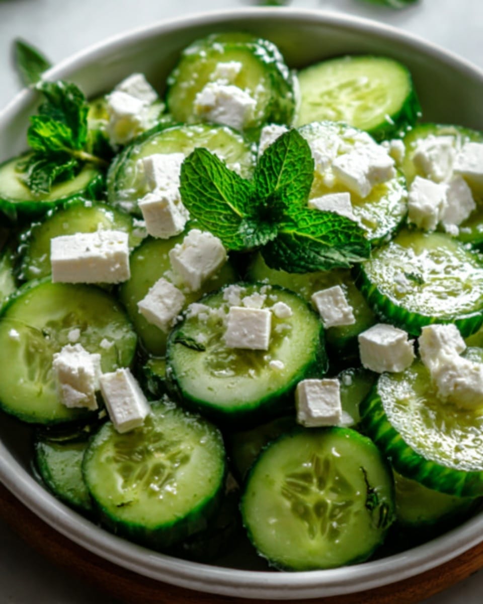 The image shows a white bowl filled with a fresh cucumber salad. The salad has thick green cucumber slices arranged in layers, with crumbly white cheese scattered on top. Bright green mint leaves sit in the center as a garnish, adding a fresh look. The background is a white marbled texture, giving a clean and simple feel. Photo taken with an iphone --ar 4:5 --v 7