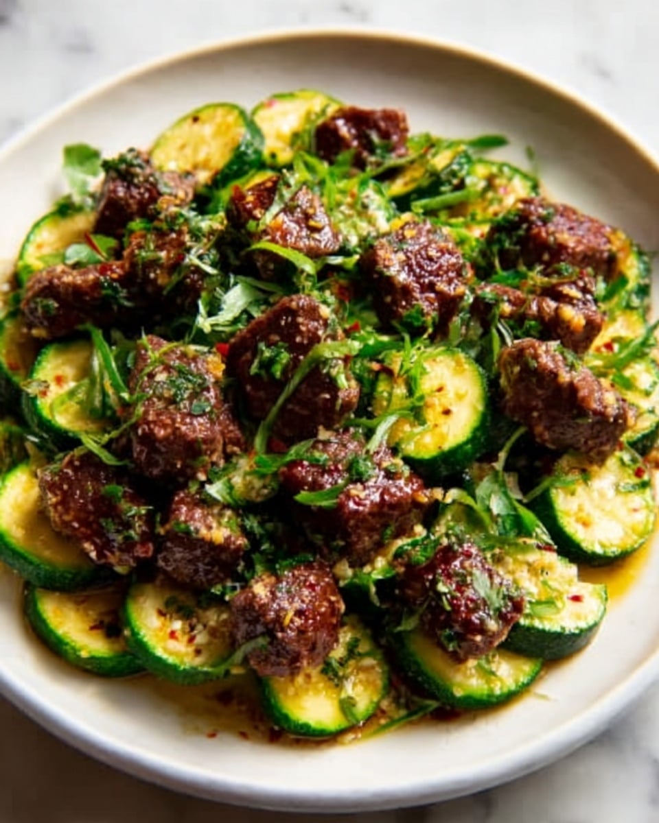 The image shows a white plate filled with thick slices of green zucchini arranged in the bottom layer, topped with a generous pile of dark brown, glazed beef cubes. The beef pieces have a shiny, slightly sticky texture and are sprinkled with chopped green herbs, giving a fresh contrast to the rich meat. The sauce around the edges adds a warm, glossy finish. The plate rests on a white marbled surface. Photo taken with an iphone --ar 4:5 --v 7