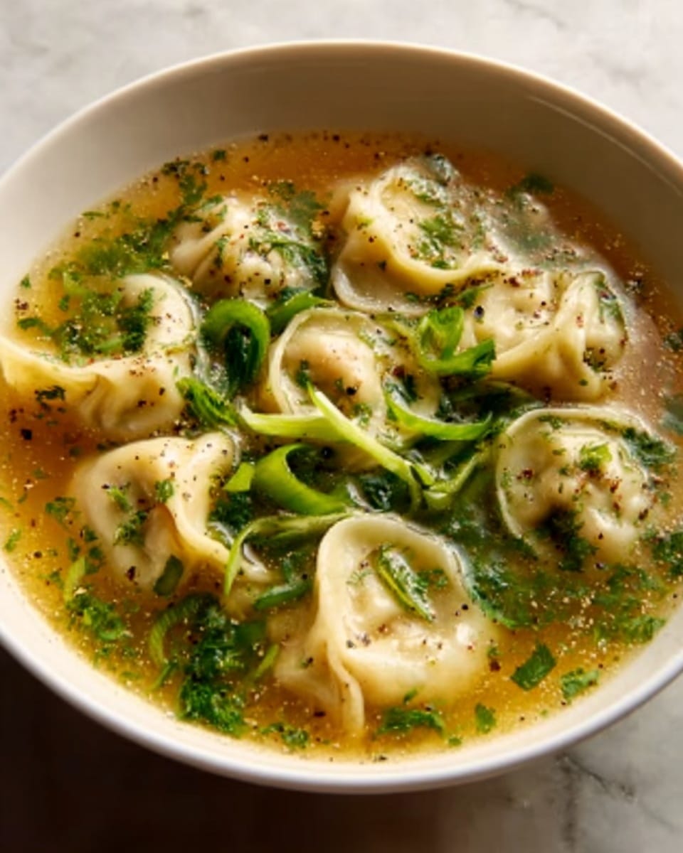 A white bowl filled with clear brown broth holds several folded dumplings with smooth, slightly shiny dough surfaces. The dumplings are arranged closely together, partially covered by bright green chopped herbs and thinly sliced green onions that float on the broth. Tiny specks of black pepper and other seasonings are visible on both the dumplings and the surface of the soup. The bowl is set on a white marbled surface. Photo taken with an iphone --ar 4:5 --v 7