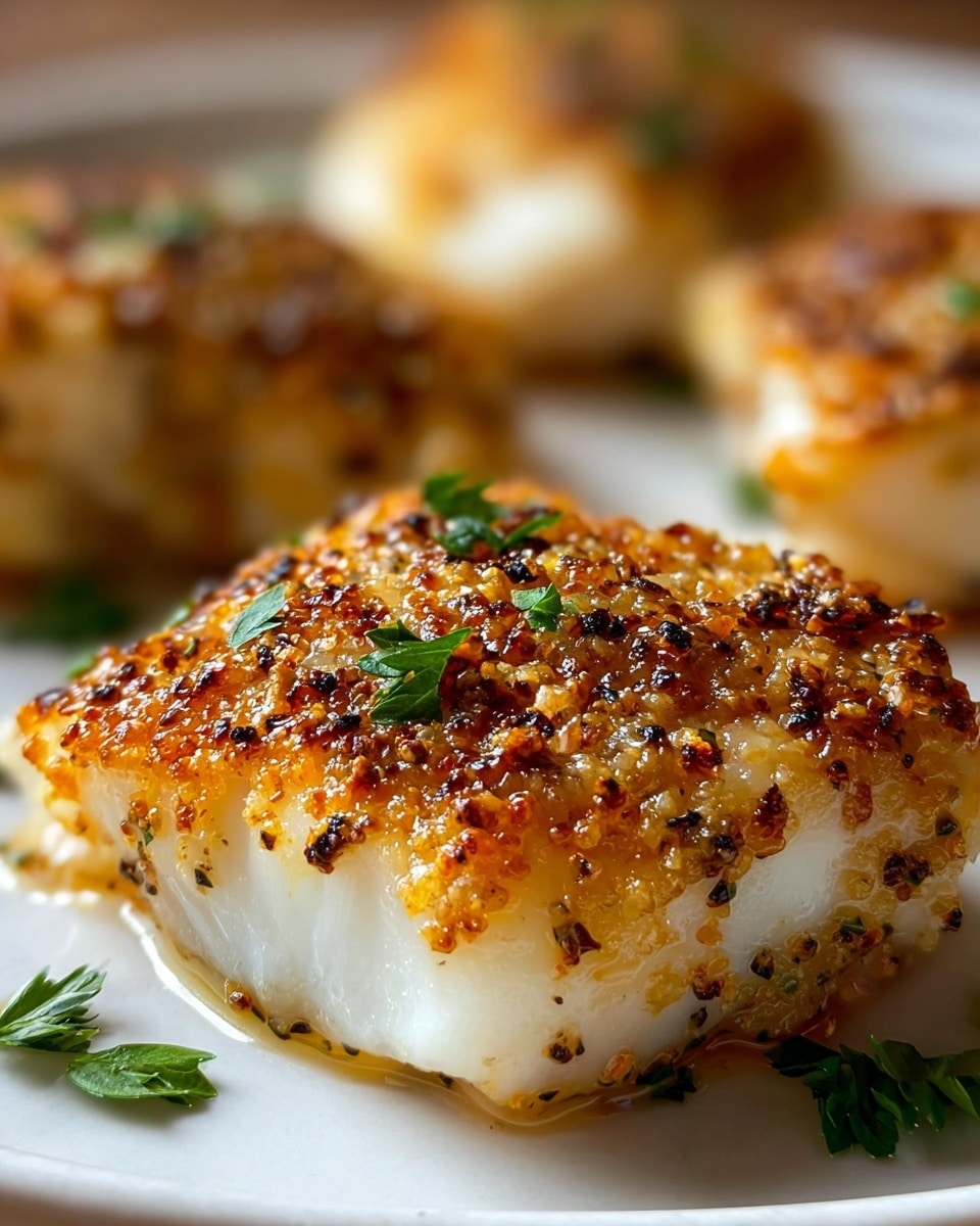 A close-up image of four golden brown baked fish fillets on a white plate, each fillet topped with a crunchy layer of crust made from mustard seeds and black pepper, giving a textured and slightly charred look with small green parsley leaves scattered on top and around, all resting on a white marbled surface. The focus is on the front fillet showing shiny, juicy, flaky white fish beneath the crispy coating. Photo taken with an iphone --ar 4:5 --v 7