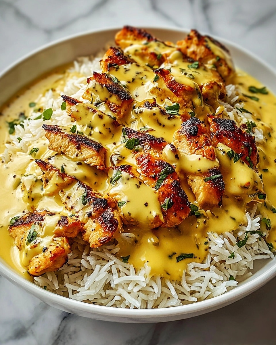 A white plate holds a base layer of long, fluffy white rice. On top, there are multiple chunks of grilled chicken, each golden brown with char marks. The chicken pieces are covered in a thick, creamy yellow sauce that pools slightly around them. Sprinkled on top is fresh, chopped green parsley, adding a bright contrast to the dish. The background is a white marbled texture. Photo taken with an iphone --ar 4:5 --v 7