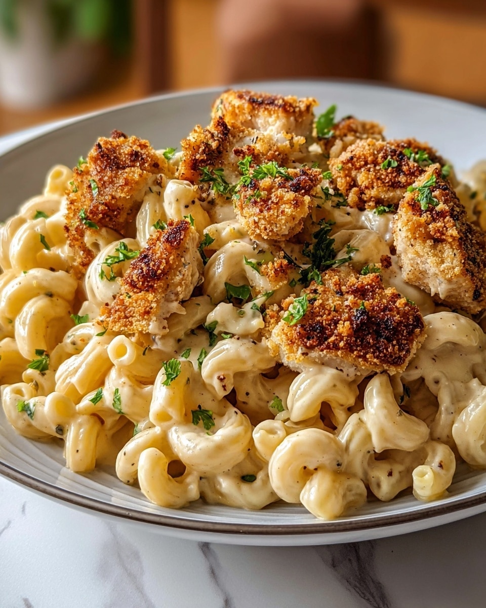 A white plate holds a creamy pasta dish with three visible layers: at the bottom is a layer of macaroni pasta coated in a smooth, light yellow cheese sauce; on top are pieces of golden-brown, crispy chicken chunks with a textured surface showing crunchy edges; scattered small green herb bits add a fresh touch. The pasta is soft and slightly glossy, while the chicken pieces look tender inside, with a pepper and herb sprinkle on all layers. The plate sits on a white marbled surface, and there is a slightly blurred background with warm tones. Photo taken with an iphone --ar 4:5 --v 7