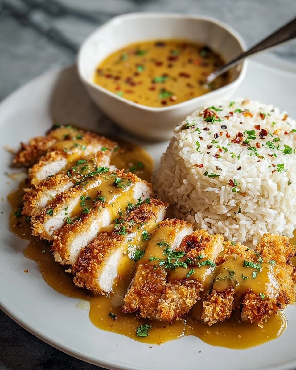 A white plate holds a mound of fluffy white rice in the center, topped with a light brown sauce sprinkled with small green herbs. In front of the rice, there are six slices of golden brown crispy fried chicken arranged in a curved line, each covered with the same light brown sauce and garnished with chopped green herbs. To the right, a white bowl filled with extra sauce, showing red and green specks, sits with a spoon inside. The whole setup is on a white marbled surface. photo taken with an iphone --ar 4:5 --v 7