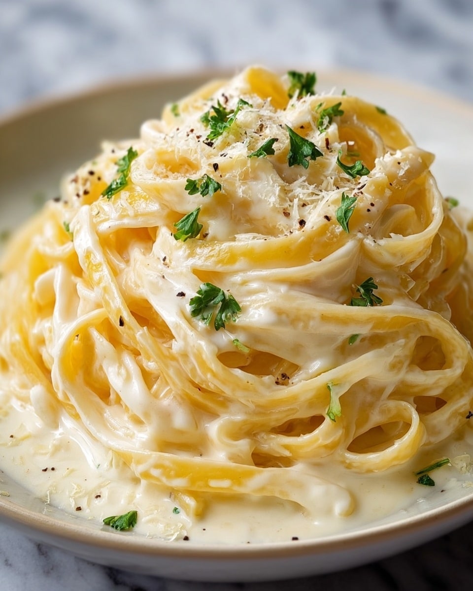 A close-up view of creamy fettuccine pasta served in a white plate, showing three main layers: a base layer of yellowish pasta strands, a middle layer of thick white cream sauce coating and pooling around the pasta, and a top layer of finely chopped green herbs and white grated cheese sprinkled evenly, with a few black pepper flakes adding subtle texture. The pasta is arranged in a swirled mound with some strands hanging loosely, enhancing the rich and smooth visual appeal. The background features a white marbled texture, emphasizing the dish's colors and details. photo taken with an iphone --ar 4:5 --v 7