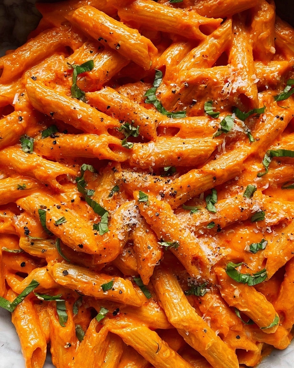 A close-up view of creamy penne pasta fully coated in a thick, smooth orange sauce, with the ridged penne tubes aligned in various directions filling the frame. Scattered on the surface are small flecks of chopped green herbs and a light dusting of white grated cheese and black pepper, adding color contrast and texture. The photo shows the pasta densely packed with glossy sauce highlights and fresh herb pieces on a white marbled background. photo taken with an iphone --ar 4:5 --v 7