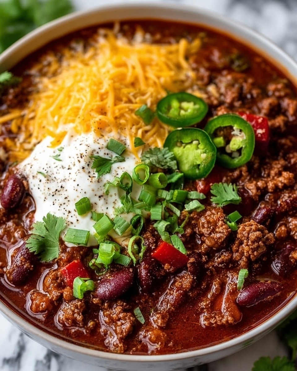 A bowl of thick chili with three main visible layers: the first layer is dark reddish-brown chili with cooked ground beef, kidney beans, and visible bits of red and yellow bell pepper, covering the bottom; the second layer contains shredded yellow cheddar cheese spread on one side of the chili; and the third layer is a dollop of white sour cream placed near the cheese, sprinkled with chopped green onions and black pepper. There are also green sliced jalapeños and fresh cilantro leaves scattered on top. The bowl is white and sits on a white marbled texture. photo taken with an iphone --ar 4:5 --v 7