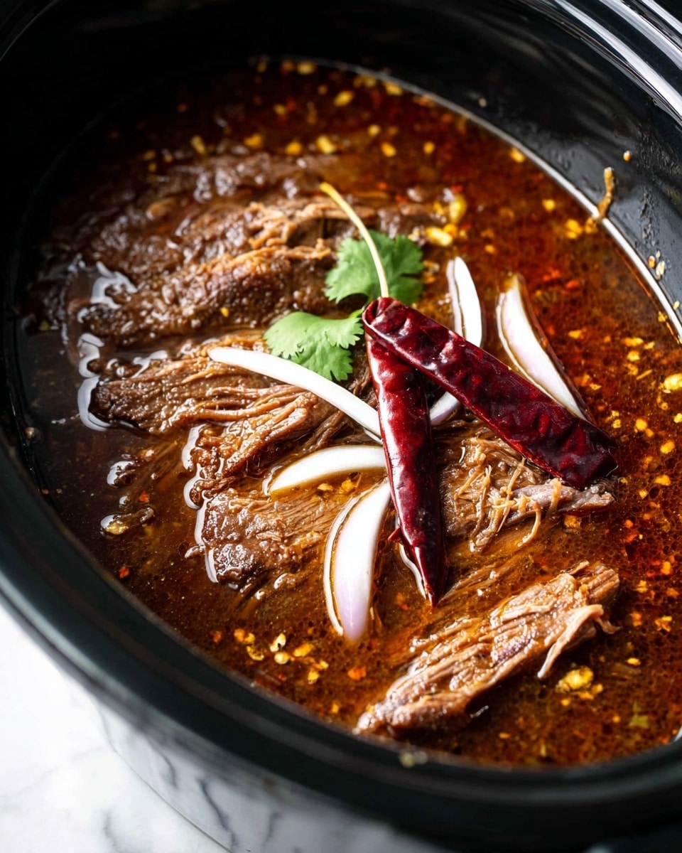 The image shows a close-up of shredded beef cooking in a dark brown, oily sauce inside a black slow cooker. The beef has a soft, pulled texture and is topped with mixing colors and textures: bright red dried chili peppers, small chunks of white onion, thin slices of purple onion, a single green cilantro leaf, and a small piece of orange. The rich sauce has small bits of seasoning floating in it, creating a shiny surface. The slow cooker is placed on a white marbled texture. photo taken with an iphone --ar 4:5 --v 7