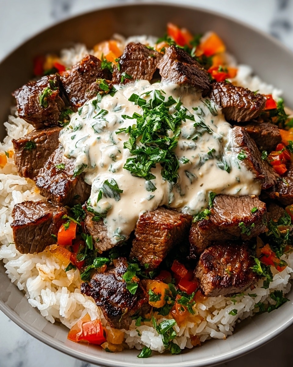 A white bowl filled with a base layer of white rice mixed with a light orange sauce, topped with several pieces of browned, grilled beef cubes arranged around the center. In the middle, there is a dollop of creamy white sauce speckled with green herbs, garnished with finely chopped green herbs and small pieces of bright red tomatoes scattered on top of the beef. A small bunch of fresh green parsley sits directly on top of the creamy sauce, adding height and a fresh touch. The bowl is placed on a white marbled textured surface. photo taken with an iphone --ar 4:5 --v 7
