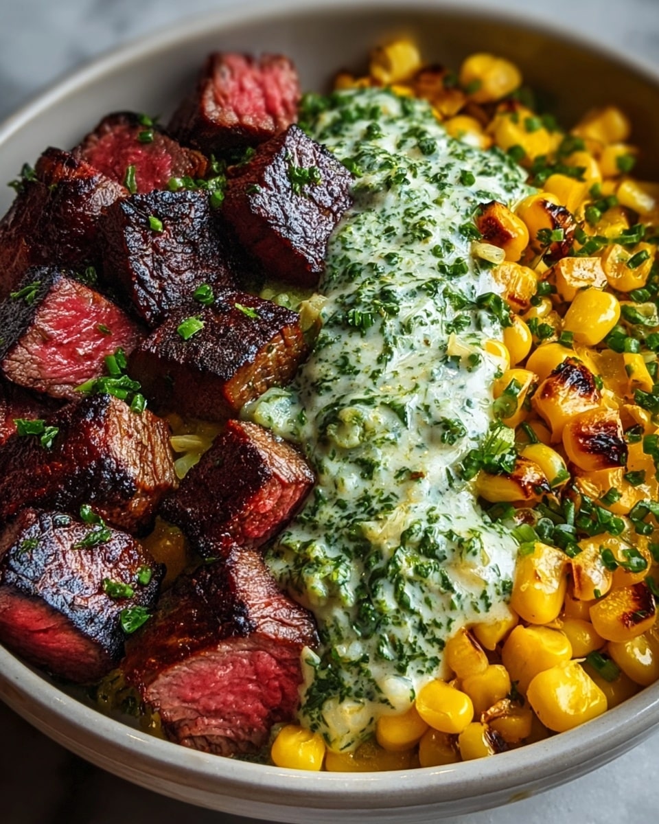 The dish features three main layers arranged side by side on a white bowl with a white marbled background. On the left, there are thick, juicy, grilled steak pieces cut into cubes showing a dark brown seared crust with a tender pink center, lightly sprinkled with green herbs. The center layer is a creamy greenish-white sauce mixed with finely chopped herbs, generously spread over the middle part of the dish. On the right side, there is a layer of golden-yellow grilled corn kernels, some with a slight char and garnished with green herb bits, adding texture and color contrast. Photo taken with an iphone --ar 4:5 --v 7