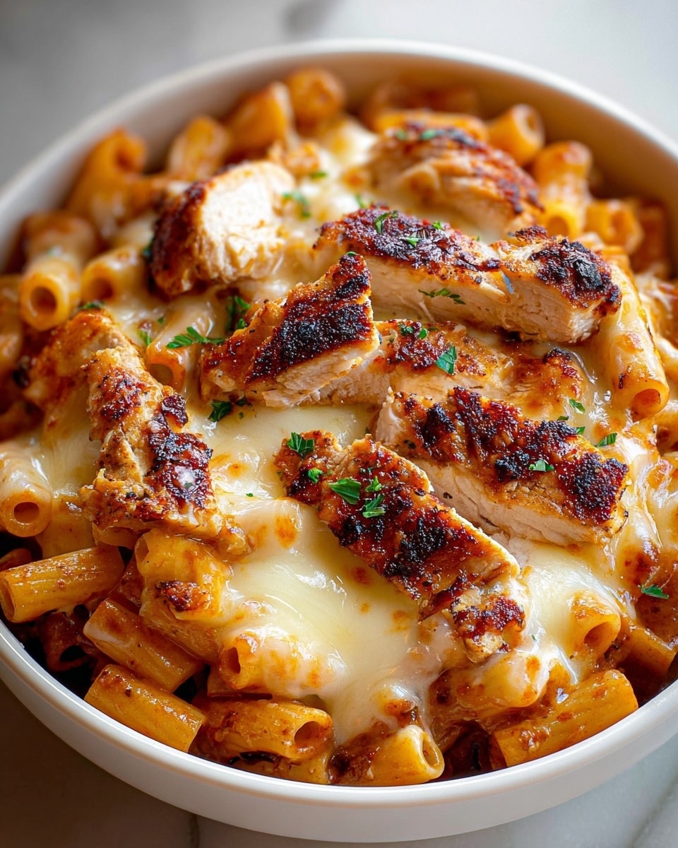 This is a close-up of a white shallow bowl filled with baked pasta and grilled chicken. The bottom layer is short, tube-shaped pasta covered in a creamy, light orange sauce. On top, there is a layer of melted cheese, smooth and slightly browned. The top layer has pieces of grilled chicken with a dark brown, crispy outer texture. Some green herbs are sprinkled lightly over the chicken pieces. The bowl sits on a white marbled texture surface. Photo taken with an iphone --ar 4:5 --v 7