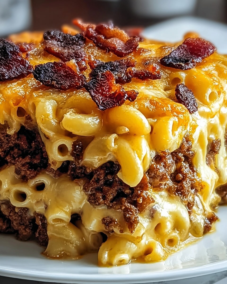 The image shows a close-up of a thick square slice of baked macaroni and cheese topped with crispy dark brown bacon pieces. The slice has three main layers: the bottom layer is baked elbow macaroni coated in creamy golden-yellow cheese sauce, the middle layer is a dark brown ground meat mixture, and the top layer is a rich melted yellow cheese bubbling around the bacon. The cheese is stretchy and shiny, with some browned spots from baking. The dish is served on a white plate, set on a white marbled surface. Photo taken with an iphone --ar 4:5 --v 7