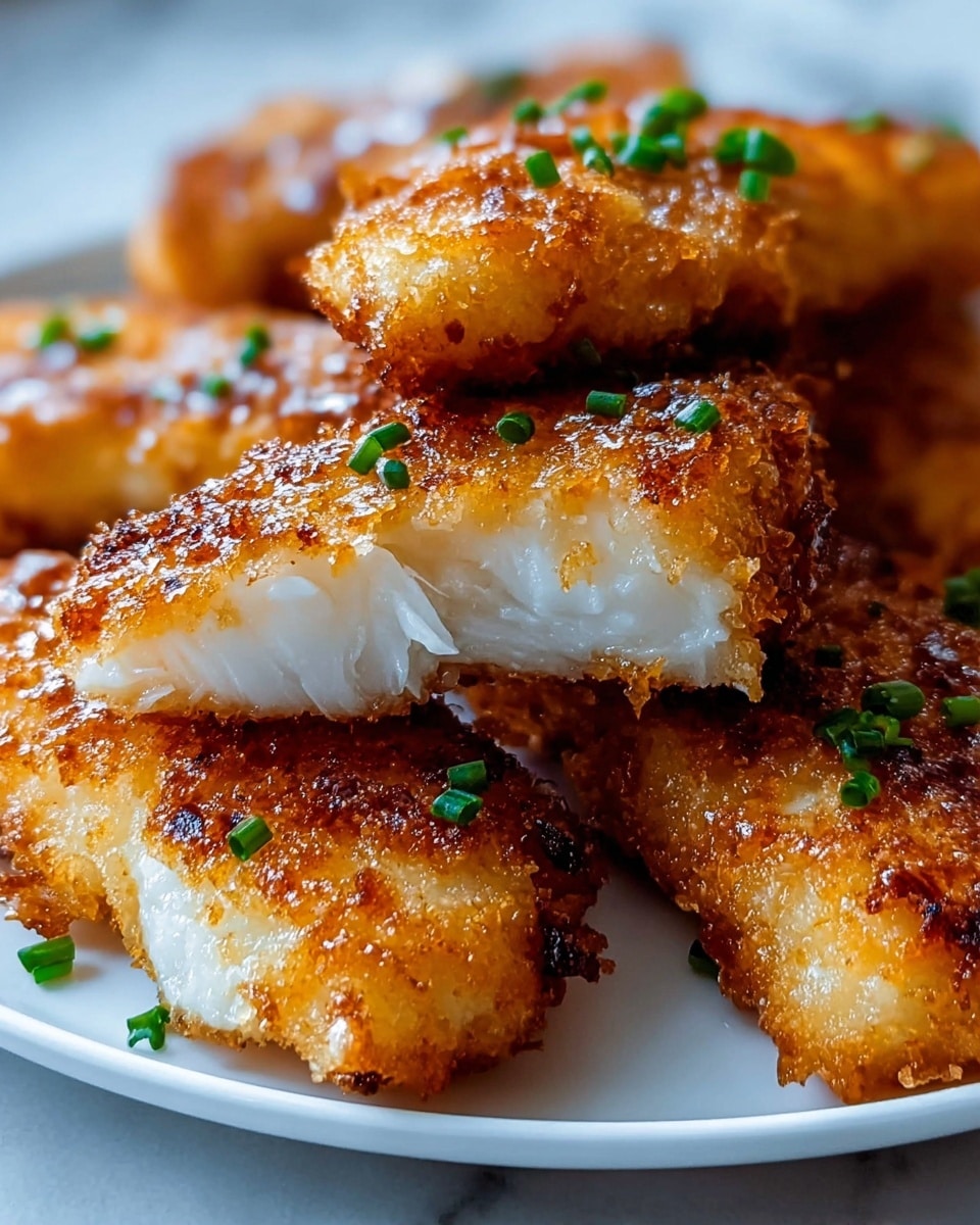 The image shows a close-up of crispy, golden-brown fried chicken tenders stacked on a white plate with a white marbled texture background. Each piece has a crunchy, textured outer layer with small browned spots, indicating a well-fried coating. The inner layer visible in one piece is white and tender. Small pieces of chopped green herbs are sprinkled on and around the chicken tenders, adding a touch of freshness and color contrast. The lighting highlights the shiny, crispy coating and the soft inside of the chicken. photo taken with an iphone --ar 4:5 --v 7