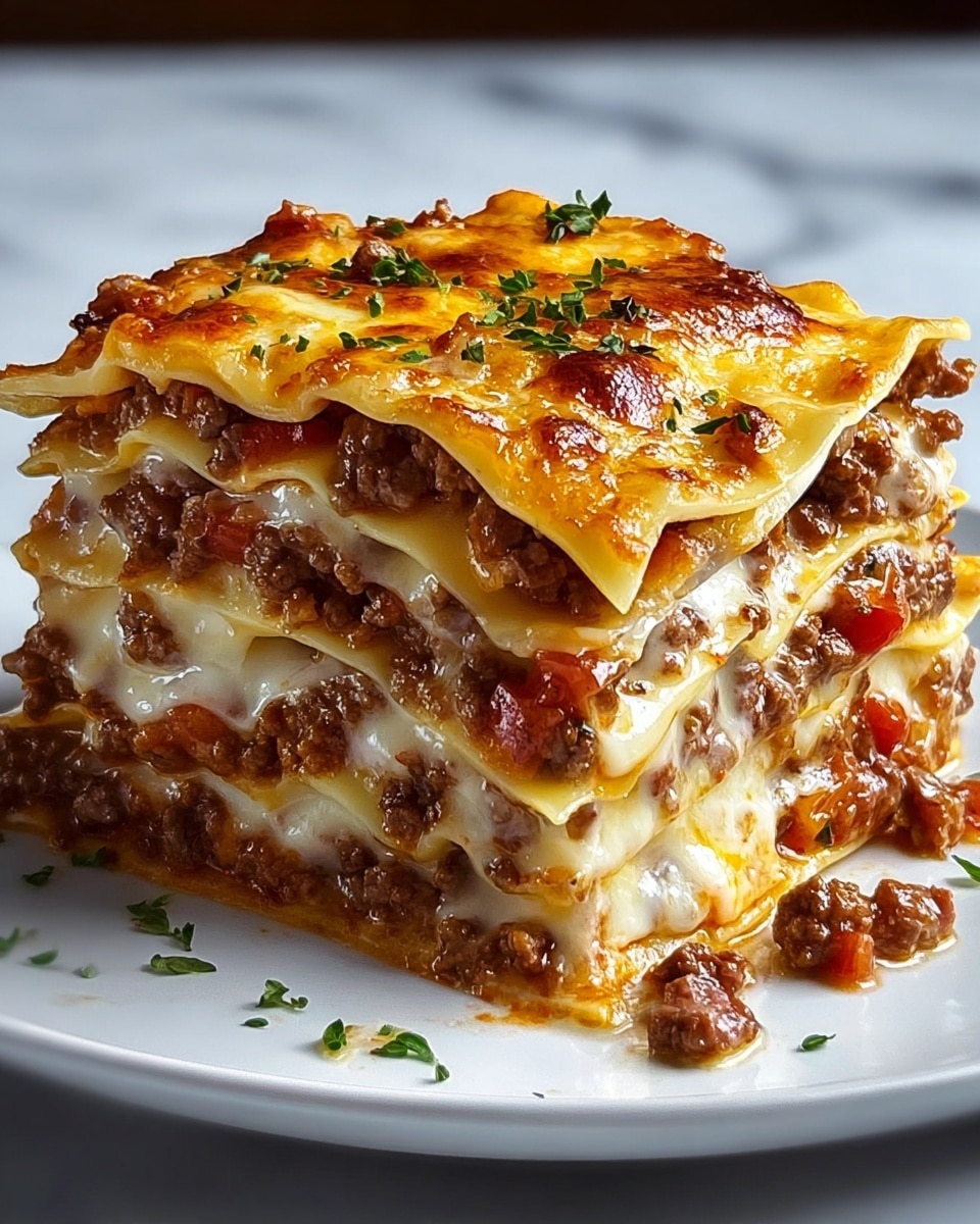 A thick slice of lasagna is stacked with four layers of wide, flat pasta sheets, alternating with rich, brown cooked ground meat mixed with red tomato bits. Between these layers, there is gooey melted cheese that looks creamy and stringy. The top layer is covered with a golden-brown melted cheese that is slightly bubbly and browned in spots, garnished with small pieces of fresh green herbs. Some meat bits spill over the edges onto a clean white plate, which sits on a white marbled surface. photo taken with an iphone --ar 4:5 --v 7
