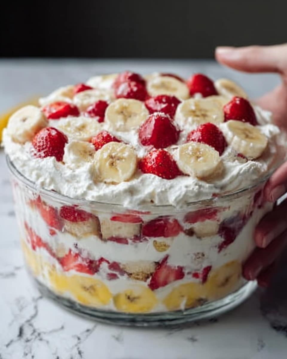 The image shows a square layered dessert in a clear glass dish placed on a white marbled surface. The dessert has multiple layers: the bottom layer contains sliced bananas and strawberries pressed against the glass, showing their fresh yellow and red colors. Above this is a thick white cream layer, topped by a light brown cake layer. The pattern repeats with more banana and strawberry slices, another cream layer, and a final topping of whipped cream. The top is decorated with sliced bananas and whole strawberries, creating a colorful and fresh look. Photo taken with an iphone --ar 4:5 --v 7