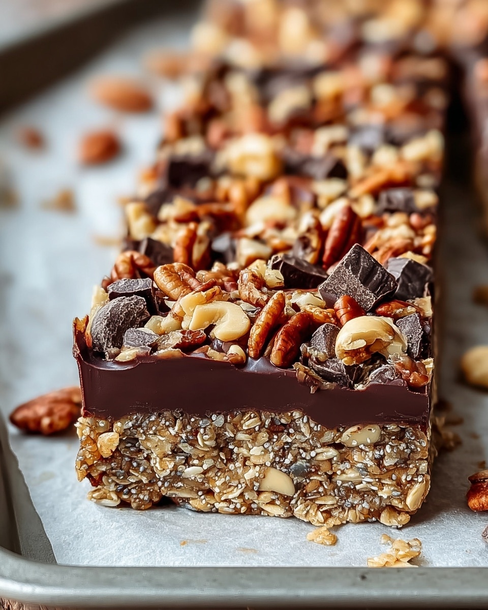 A close-up view of a multi-layered nut and chocolate bar on a baking tray with parchment paper. The bottom layer is dense and thick, made of mixed nuts and seeds tightly packed together with a beige and light brown color and a rough, crunchy texture. The middle layer is a smooth, thick chocolate ganache, deep dark brown and glossy, covering the whole nut base evenly. The top layer is a generous, uneven mix of large, glossy walnut halves, pecans, almonds, and chunks of dark chocolate pieces in different shapes scattered randomly, creating a textured and rich look. The background shows more of the nut bars blurred out, with some stray nut pieces scattered around on a white marbled surface. Photo taken with an iphone --ar 4:5 --v 7