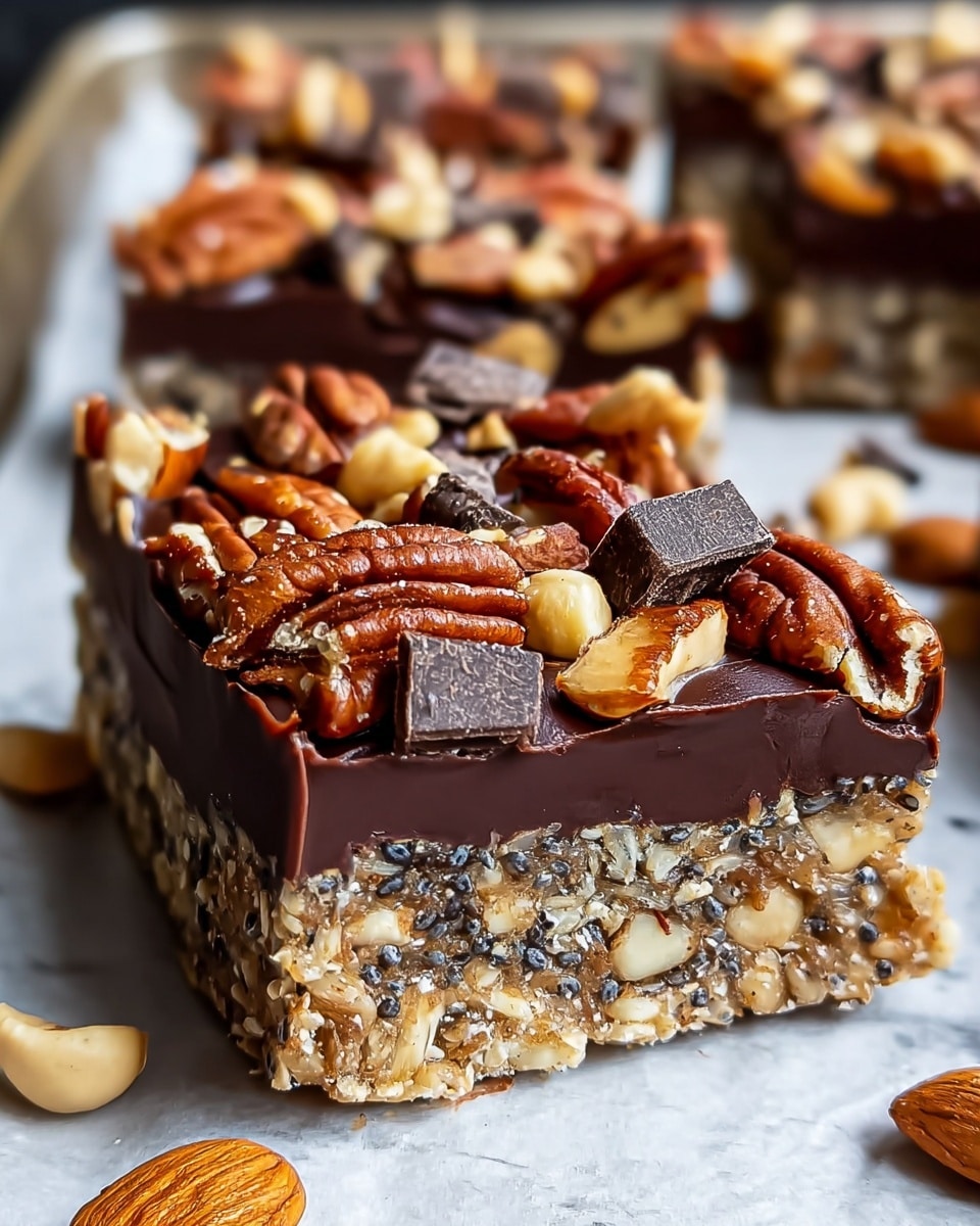 A close-up view of a rectangular nut bar resting on a baking tray lined with parchment paper on a white marbled surface. The bar has three clear layers: the bottom layer is a thick, textured mix of oats, seeds, and chopped nuts in beige and light brown tones, forming the base; the middle layer is a smooth, glossy dark chocolate coating that is relatively thick, creating a strong contrast with the base; the top layer is a colorful and chunky mixture of whole walnuts, pecans, almonds, sunflower seeds, and large dark chocolate chunks, densely scattered and slightly uneven, giving a rich, crunchy look. The background is softly blurred, highlighting the sharp details and vibrant textures of the nut bar. photo taken with an iphone --ar 4:5 --v 7