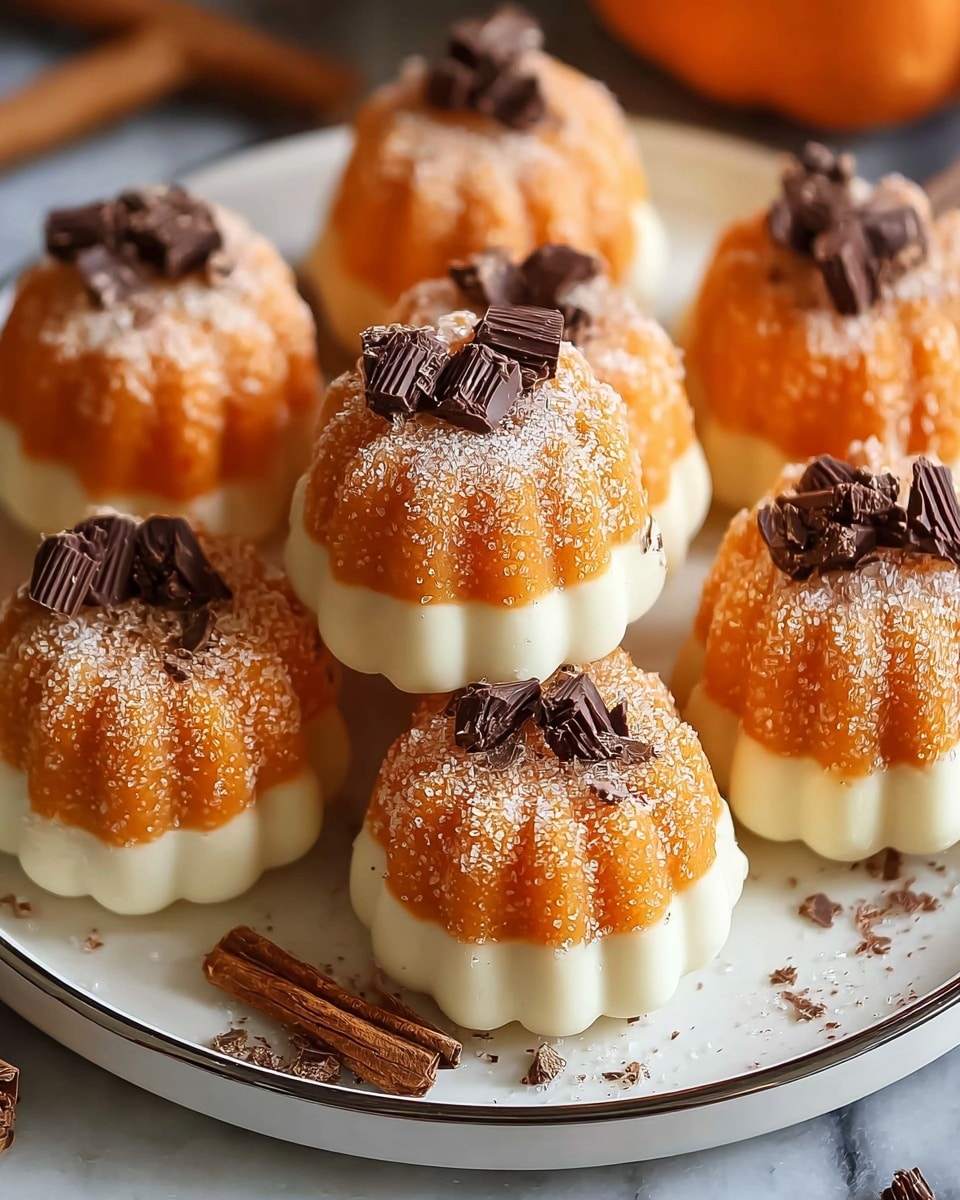 The image shows small pumpkin-shaped desserts arranged on a white plate with a thin black rim, placed on a white marbled surface. Each dessert has two layers: the bottom layer is a smooth, creamy white base with a fluted edge, and the top layer is a bright orange pumpkin-shaped mound with visible ridges and a slightly rough texture. The orange layer is dusted with white powdered sugar, giving a snowy look, and topped with small brown cinnamon stick curls. Some more cinnamon curls and powdered sugar are scattered around the plate. In the background, there are blurred orange pumpkins adding to the autumn feel. photo taken with an iphone --ar 4:5 --v 7