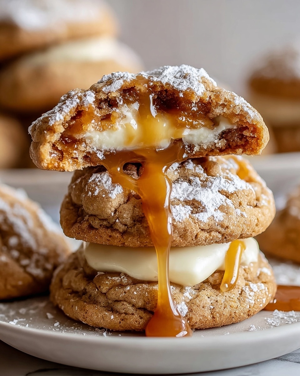A stack of three golden brown cookies sits on a white plate with a white marbled surface beneath. The bottom two cookies are whole and slightly cracked, showing a soft texture. The top two cookies are broken in half, revealing a creamy white filling in the center of each cookie. A thick, glossy caramel sauce is generously dripping over the top broken cookie, flowing down to the other cookies below. The cookie edges are crumbly and studded with small bits, with a light dusting of white powdered sugar adding contrast. The background is softly blurred, emphasizing the rich texture and gooey detail of the cookies. photo taken with an iphone --ar 4:5 --v 7
