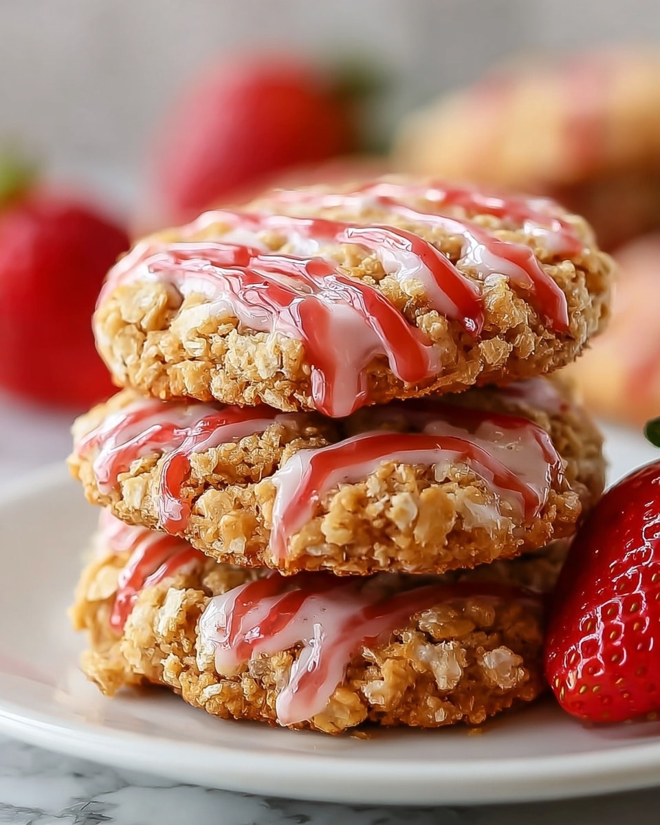 A close-up view of a stack of three cookies on a white plate, each cookie having a golden brown crumbly texture with visible oat pieces, topped with shiny red glaze drizzled over the surface in irregular lines, with a soft-focus background featuring red strawberries, all placed on a white marbled texture. photo taken with an iphone --ar 4:5 --v 7