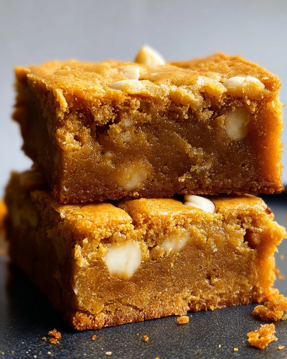 The image shows two thick square blondie bars stacked on a dark flat surface with a white marbled texture in the background. The blondies have a rough and crumbly texture on the sides with a golden brown color. The top layer is slightly crackled and shiny with visible pieces of white chocolate embedded inside, giving a mix of creamy white and golden tones. The bottom blondie forms the base layer, and the top blondie sits neatly on it, showing a dense and moist interior. There are few small crumbs scattered around on the dark surface. Photo taken with an iphone --ar 4:5 --v 7