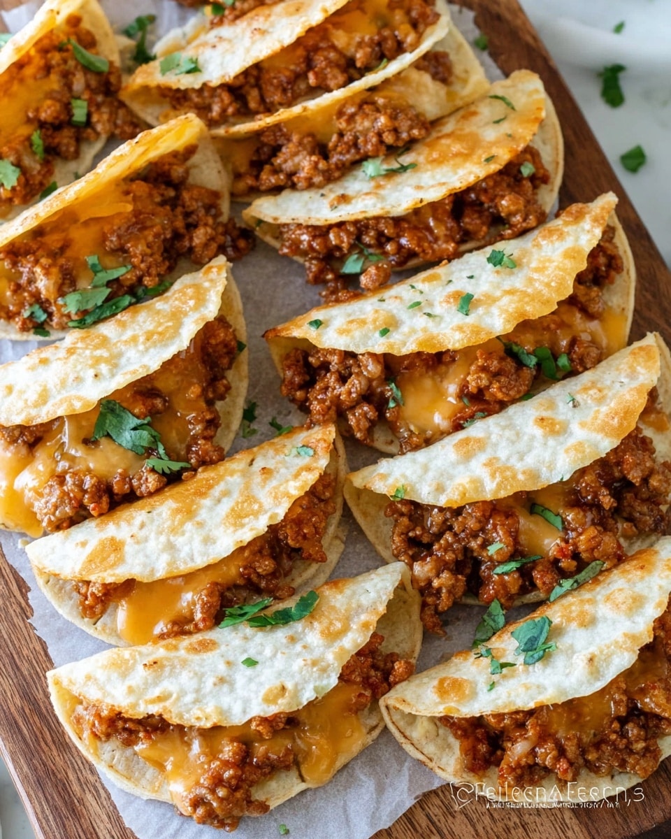 The image shows many small folded tortillas, each with two visible layers: the outer soft tortilla layer is a light golden color with a slightly bumpy texture, and the inner filling layer is made of cooked ground meat mixed with melted cheddar cheese, showing a mix of orange and brown colors with a slightly oily shine. The tacos are placed on crumpled white parchment paper, all spread over a wooden board, with small pieces of green leafy herbs scattered around. photo taken with an iphone --ar 4:5 --v 7