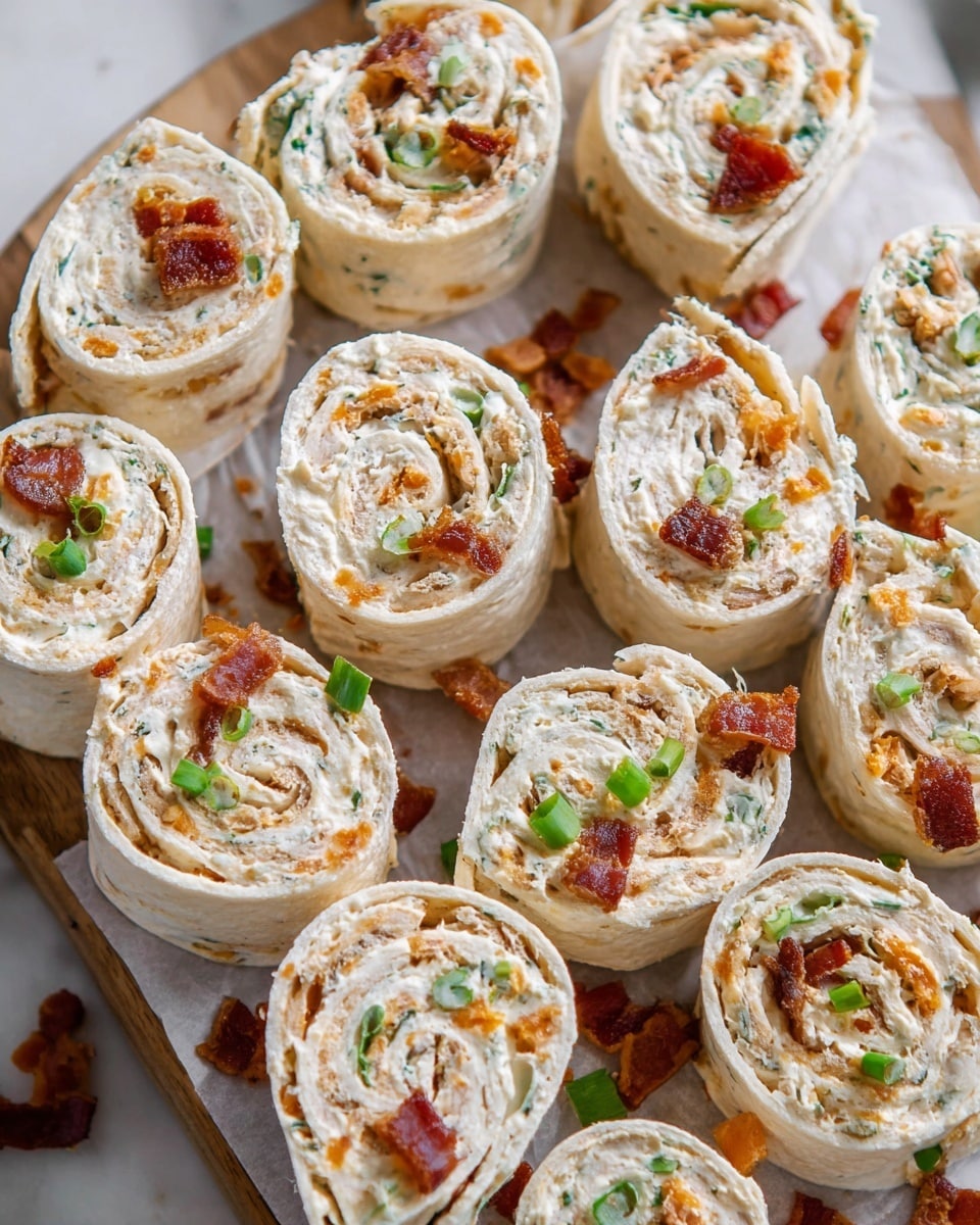The image shows multiple small pinwheel sandwiches arranged on a wooden board covered with parchment paper. Each sandwich is made from a single thick white tortilla layer rolled with a creamy filling that has a light beige color and a spread texture. The filling has small chunks of orange bits, finely chopped green herbs, and bacon pieces scattered throughout, giving the rolls a mixed color effect. The sandwiches are topped with small crispy bacon bits and small green onion slices. The arrangement is close together with some loose bacon pieces around the board, all placed on a white marbled surface. photo taken with an iphone --ar 4:5 --v 7